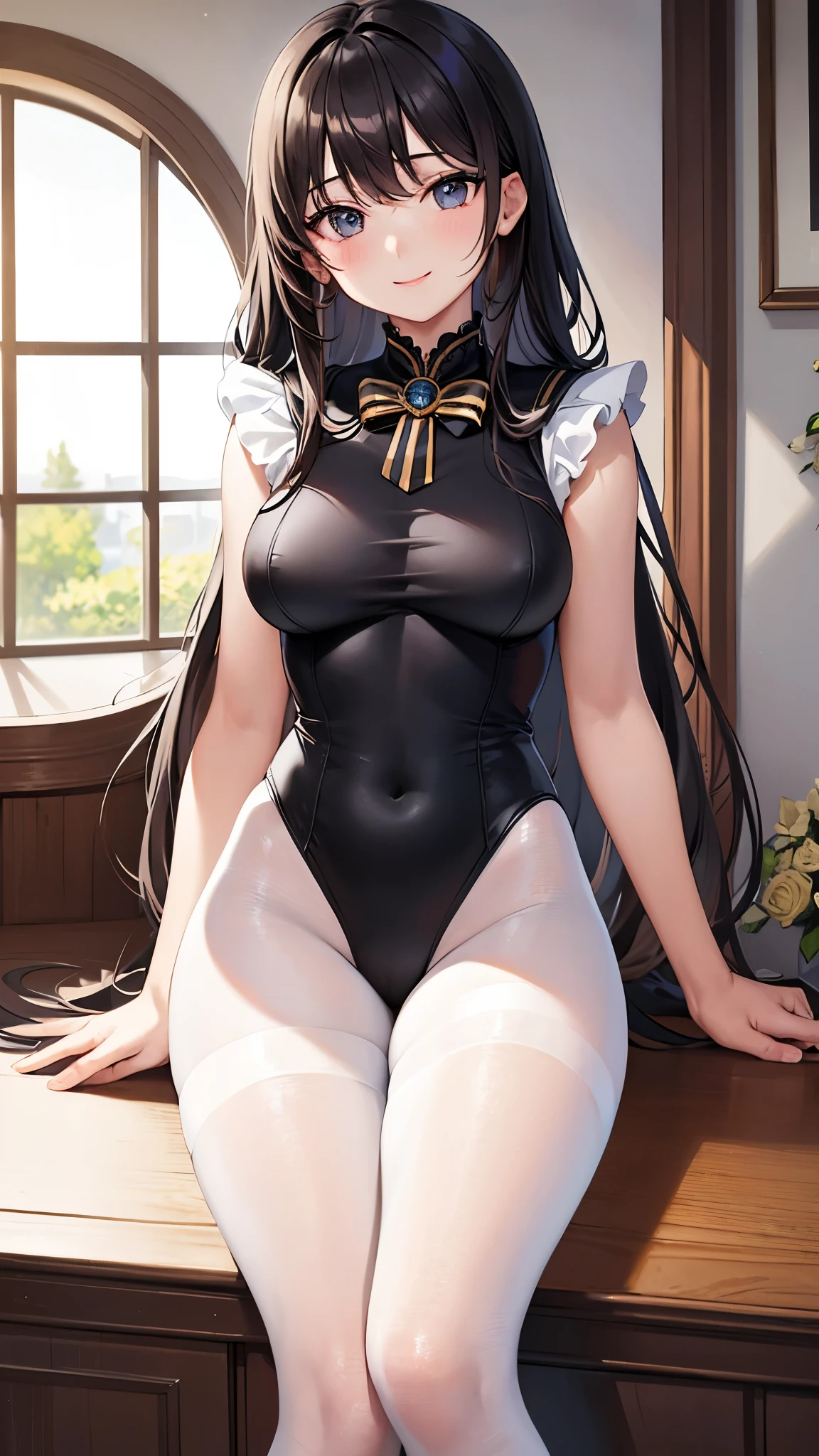 (masterpiece), (highest quality), Super detailed, perfect face, perfect body, 1 girl, beautiful girl,smile、clear、 sailor suit　black、leotard、stand,sexy, white　pantyhose、