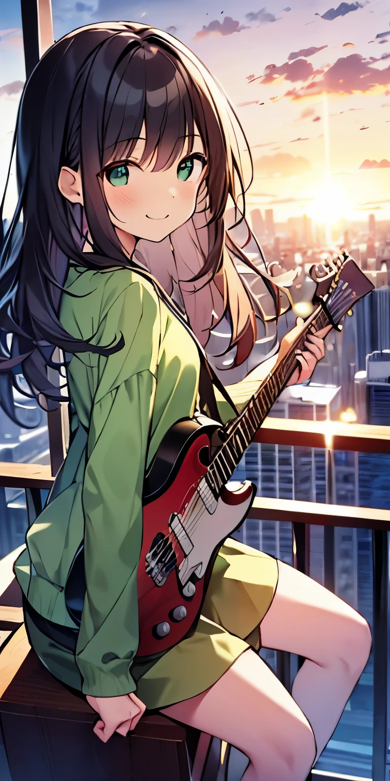 table top, highest quality,figure, wallpaper, ultra detail, absurd, 16 year old girl, alone, (Medium Wavy Hair、play the guitar、smile、Overlooking the city from the top of the hill、the sunset is beautiful、A person who appears small in the distance、Wearing green clothes