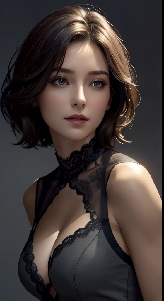 cinematic lighting、perfect、soft light、high resolution skin:1.4、realistic skin texture、30 year old mature woman、small face、no makeup、Detailed beautiful eyes、bust B cup、、small breasts、short hair、dark brown hair、cool pose、stylish body shape、full body esthetician、gray background、