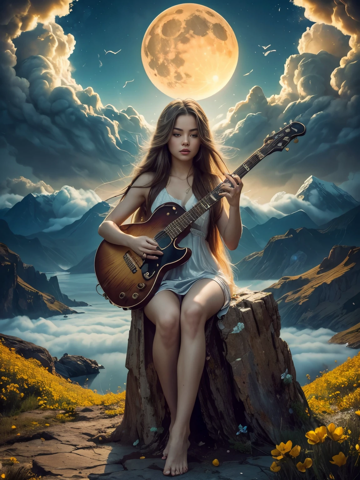A woman sitting on a rock with a guitar in front of a full moon - SeaArt AI