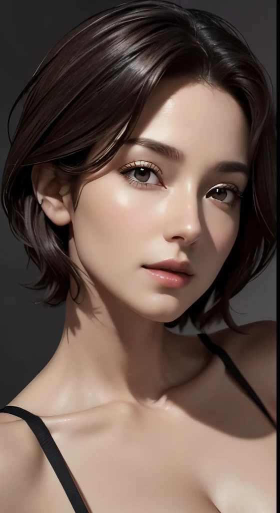cinematic lighting、perfect、soft light、high resolution skin:1.4、realistic skin texture、30 year old mature woman、small face、no makeup、Detailed beautiful eyes、bust B cup、、short hair、dark brown hair、cool pose、stylish body shape、full body esthetician、gray background、
