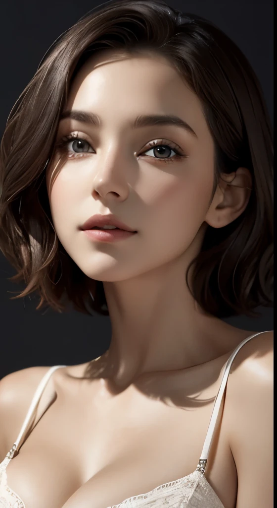 cinematic lighting、perfect、soft light、high resolution skin:1.4、realistic skin texture、30 year old mature woman、small face、no makeup、Detailed beautiful eyes、bust B cup、、short hair、dark brown hair、cool pose、stylish body shape、gray background、