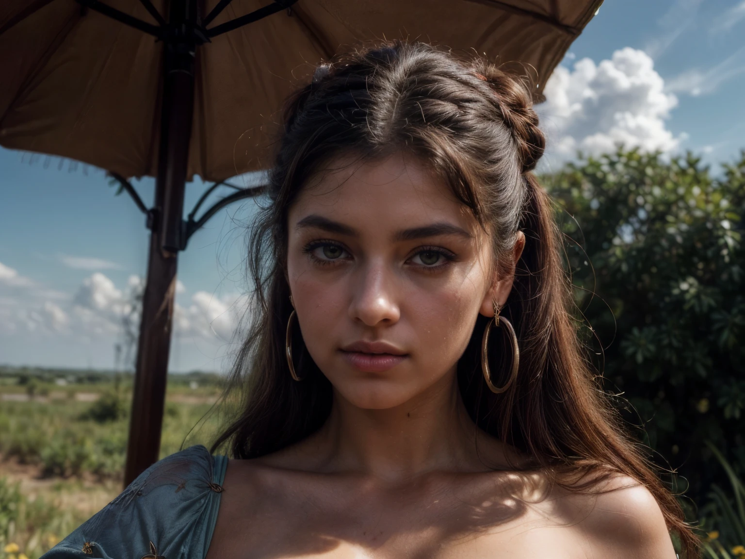 Ultra-realistic, (photorealistic:1.4), Highly detailed lofi film, best quality, seamless masterpiece, woman, portrait , exotic stunning facial features, details, pleasing realistic photo, (taken in random location, biomimicry, verdant, distant rolling horizon rain downpour, ((lush variety of pollinators:1.1, insects:1.6, long fantasy ritual)) in background),((Spanish surrealism, fantasy)), ((perfectly proportion, beautiful woman mix) ), A detailed face, detailed eyes, Detailed fingers, nail polish, detailed arms, Detailed skin, painterly, mystical, she's in front of the camera ((wearing verdant:1.1,fully covers clouds over her body), (relaxed intimate photoshoot), ((hair is perfectly styled, tight hairdo)), tight updo, pulled back, hazel:1.1 eyes, exterior (sky is filled with cumulus clouds in animal:1.5), extremely detailed eyes and face, perfect round circle pupil, insanely micro detailed realistic skin textures, curios men, accurate hands, hyper detailed, radiosity, physically based rendering, Unreal Engine, by Canon EOS 5D Mark4 and SIGMA Art Lens 35mm, F1.2, She is a stunning mixed female, exuding confidence and sensuality. Her skin is smooth and radiant, taken beautiful in field looking at clouds in sky, clouds:1.1, (highest quality fabric texture), lush, full-length on futon, hips, , film quality, (ultra-realistic , she's in deep darkness ,soft accent candlelight, gorgeous rembrandt like lighting, (Rembrandt patch:1.4), (highest quality fabric velvet texture), French style William-Adolphe Bouguereau:1.3, blue tints, Her luscious, styled hair shows neck, framing her face with an aura of untamed allure. With striking almond-shaped eyes, adorned with long, fluttering lashes, eyes, the color of rich, dark chocolate, a world of seduction and passion. Finely detailed(Fine-grained), (highest detail skin texture peachfuzz earlobe realisttc ○○ res – ○○ resolution ultra high res(A high resolution)