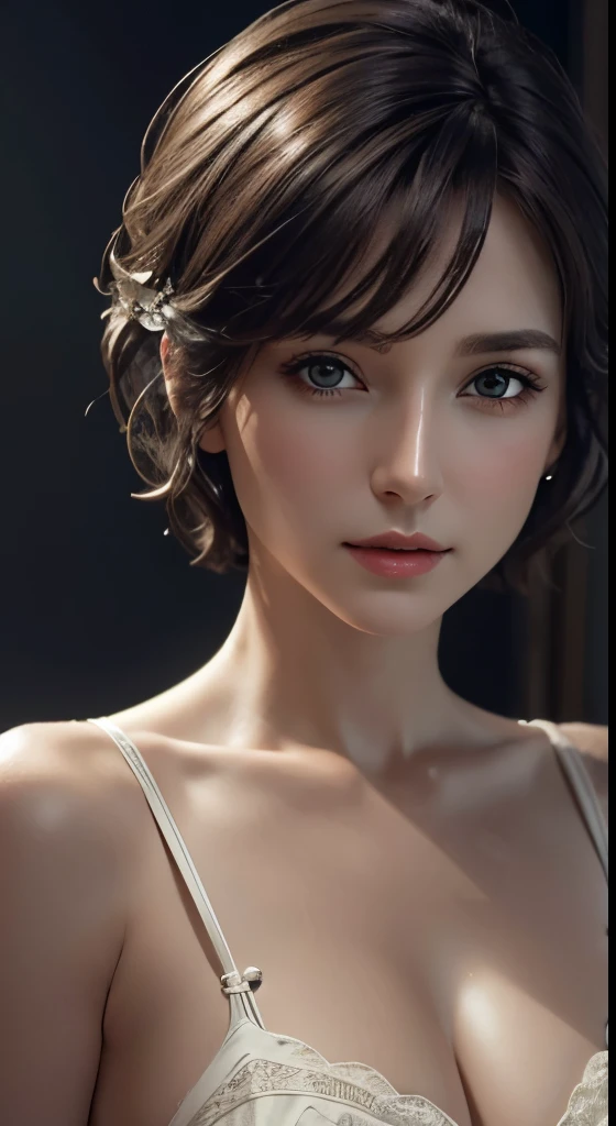 cinematic lighting、perfect、soft light、high resolution skin:1.4、realistic skin texture、30 year old mature woman、small face、no makeup、Detailed beautiful eyes、bust B cup、、short hair、dark brown hair、cool pose、gray background、
