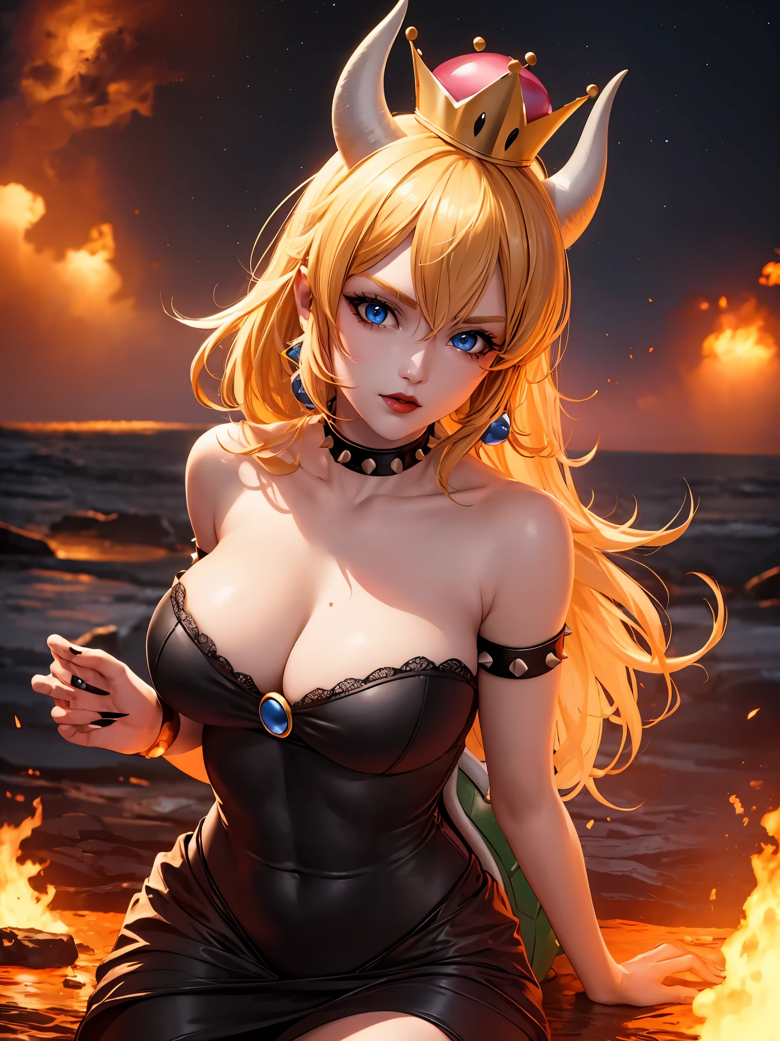 ((high detailed, best quality, 4k, masterpiece, hd:1.3)), ((best quality)), (((HD))), (((8k))), (ultraDH), (ultra HD), Princess Daisy, blue eyes, BREAK blue eyes, seductive, attractive, smooth anime cg art, 36C breasts, long legs, vivid colors, detailed digital art, slim body, perfect skin, dark blonde hair, long hair, blonde hair, blonde hair, BREAK crown, cleavage, 36C cleavage, looking at viewer, BREAK looking at viewer, extremely detailed face, red santa suit, red santa claus suit, santa claus suit, earrings, gem, dark black makeup lips, dark gothic eyeshadows, dark eyeshadows, black eyeshadows, black sexy lips, black lips, (dark:1.2), dark lips, very dark lips, (perfect hands, perfect anatomy), black makeup, black medium lips, black thick lips, detailed fingers, five fingers per hand, 5 fingers, (1 girl), detailed lips, detailed black lips, black painted lips, gothic painted lips, BREAK night, night sky, (breast focus), (arms outstreched:1.2), (from above:1.1), (breasts out:1.3), (off shoulder:1.1), (white horns), (bra), inside a lava castle, she inside a sea of lava, she bathing in lava,