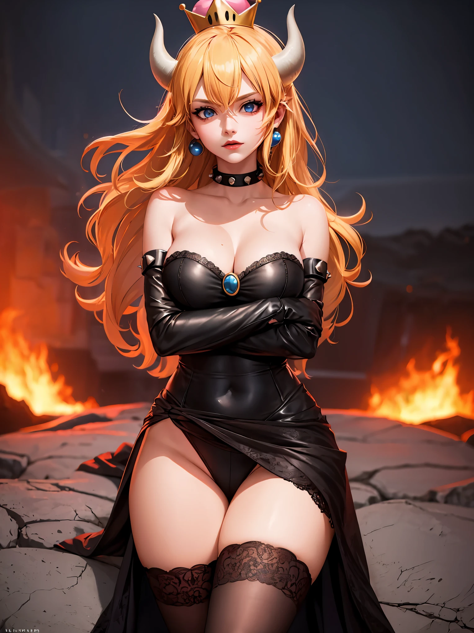 ((high detailed, best quality, 4k, masterpiece, hd:1.3)), ((best quality)), (((HD))), (((8k))), (ultraDH), (ultra HD), Princess Daisy, blue eyes, BREAK blue eyes, seductive, attractive, smooth anime cg art, 36C breasts, long legs, vivid colors, detailed digital art, slim body, perfect skin, dark blonde hair, long hair, blonde hair, blonde hair, BREAK crown, cleavage, 36C cleavage, looking at viewer, BREAK looking at viewer, extremely detailed face, red santa suit, red santa claus suit, santa claus suit, earrings, gem, dark black makeup lips, dark gothic eyeshadows, dark eyeshadows, black eyeshadows, black sexy lips, black lips, (dark:1.2), dark lips, very dark lips, (perfect hands, perfect anatomy), black makeup, black medium lips, black thick lips, detailed fingers, five fingers per hand, 5 fingers, (1 girl), detailed lips, detailed black lips, black painted lips, gothic painted lips, BREAK night, night sky, (breast focus), (arms outstreched:1.2), (from above:1.1), (breasts out:1.3), (off shoulder:1.1), (white horns), (bra), inside a lava castle, she inside a sea of lava, she bathing in lava,