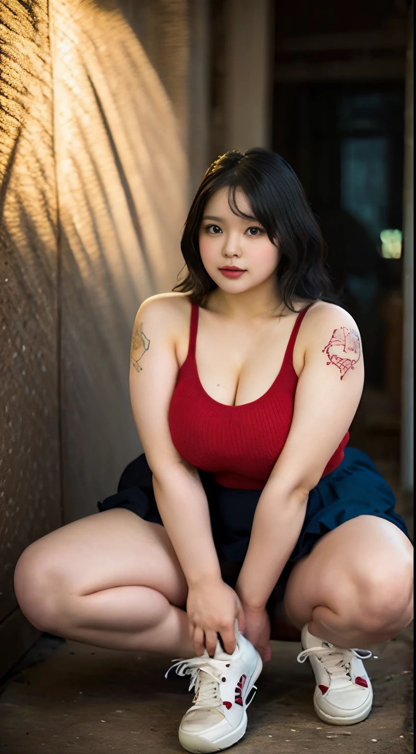 ((best quality)), ((masterpiece)), (detailed), perfect face, ((best quality)), ((masterpiece)), (detailed), perfect face, wanita chubby dewasa, wearing thight dress and thight skirt, chubby cheeks, chubby arm, chubby thighs, big breasts, wearing a sneakers, medium hair style, full body photoshoot, tattooed body , random pose in a dark room , tattooed all over hands, leaning