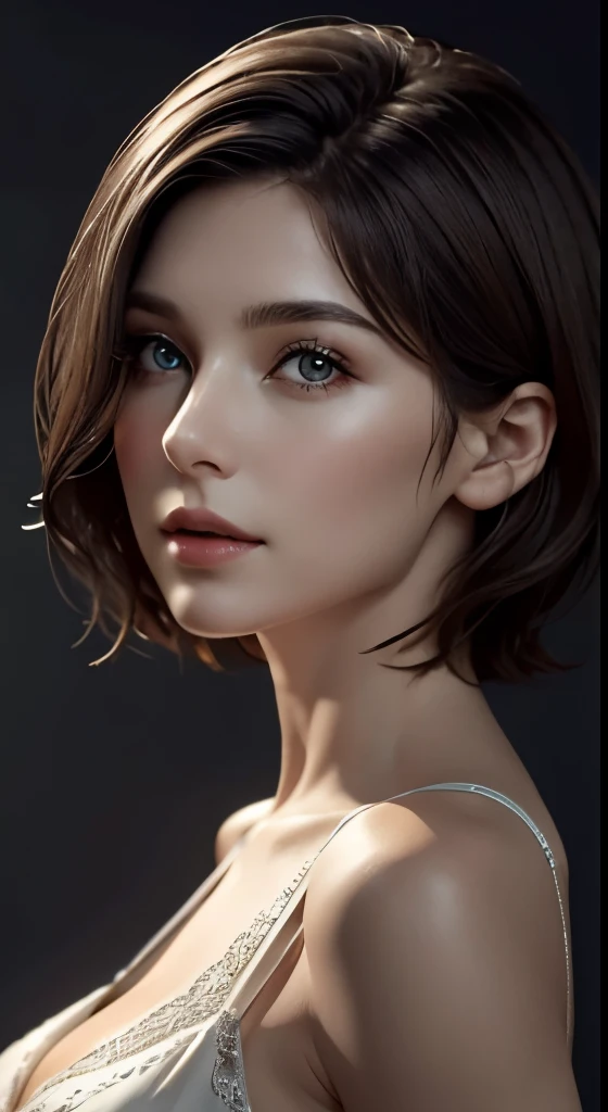 cinematic lighting、perfect、soft light、high resolution skin:1.4、realistic skin texture、30 year old mature woman、small face、no makeup、Detailed beautiful eyes、bust B cup、、short hair、dark brown hair、cool pose、gray background、
