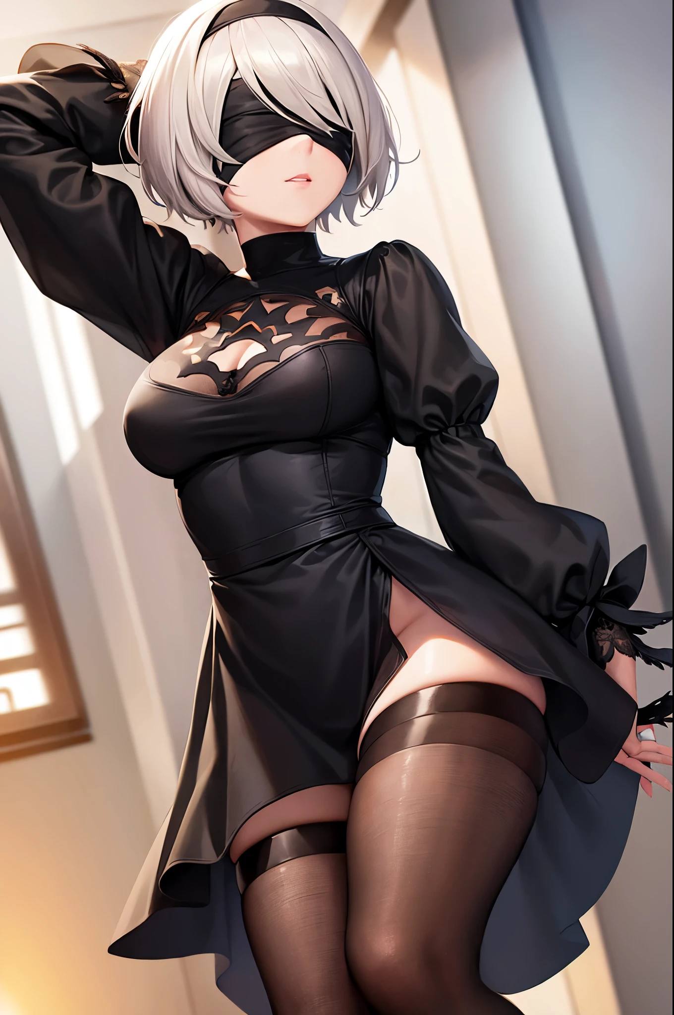 2b, 2b, (black blindfold:1.5), black hairband, blindfold, hairband, short hair, white hair, BREAK black skirt, black thighhighs, boots, cleavage cutout, clothing cutout, hairband, high heels, long sleeves, robot, side slit, skirt, thigh boots, thighhighs, BREAK looking at viewer, full body, BREAK outdoors, BREAK (masterpiece:1.2), best quality, high resolution, unity 8k wallpaper, (illustration:0.8), (beautiful detailed eyes:1.6), extremely detailed face, perfect lighting, extremely detailed CG, (perfect hands, perfect anatomy),