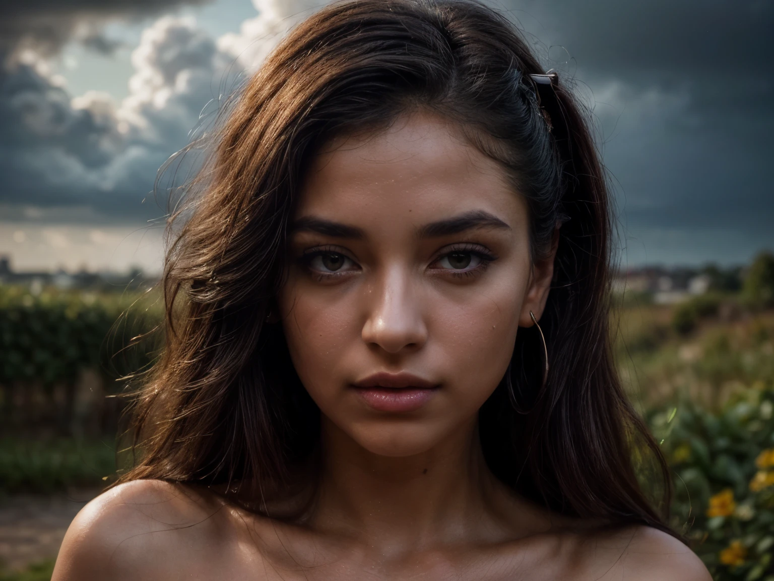 Ultra-realistic, (photorealistic:1.4), Highly detailed lofi film, best quality, seamless masterpiece, woman, portrait , exotic stunning facial features, details, pleasing realistic photo, (taken in random location, biomimicry, verdant, distant rolling horizon rain downpour, ((lush variety of pollinators:1.1, insects:1.6, long fantasy ritual)) in background),((Spanish surrealism, fantasy)), ((perfectly proportion, beautiful woman mix) ), A detailed face, detailed eyes, Detailed fingers, nail polish, detailed arms, Detailed skin, painterly, mystical, she's in front of the camera ((wearing verdant:1.1,fully covers clouds over her body), (relaxed intimate photoshoot), ((hair is perfectly styled, tight hairdo)), tight updo, pulled back, hazel:1.1 eyes, exterior (sky is filled with cumulus clouds in animal:1.5), extremely detailed eyes and face, perfect round circle pupil, insanely micro detailed realistic skin textures, curios men, accurate hands, hyper detailed, radiosity, physically based rendering, Unreal Engine, by Canon EOS 5D Mark4 and SIGMA Art Lens 35mm, F1.2, She is a stunning mixed female, exuding confidence and sensuality. Her skin is smooth and radiant, taken beautiful in field looking at clouds in sky, clouds:1.1, (highest quality fabric texture), lush, full-length on futon, hips, , film quality, (ultra-realistic , she's in deep darkness ,soft accent candlelight, gorgeous rembrandt like lighting, (Rembrandt patch:1.4), (highest quality fabric velvet texture), French style William-Adolphe Bouguereau:1.3, blue tints, Her luscious, styled hair shows neck, framing her face with an aura of untamed allure. With striking almond-shaped eyes, adorned with long, fluttering lashes, eyes, the color of rich, dark chocolate, a world of seduction and passion. Finely detailed(Fine-grained), (highest detail skin texture peachfuzz earlobe realisttc ○○ res – ○○ resolution ultra high res(A high resolution)