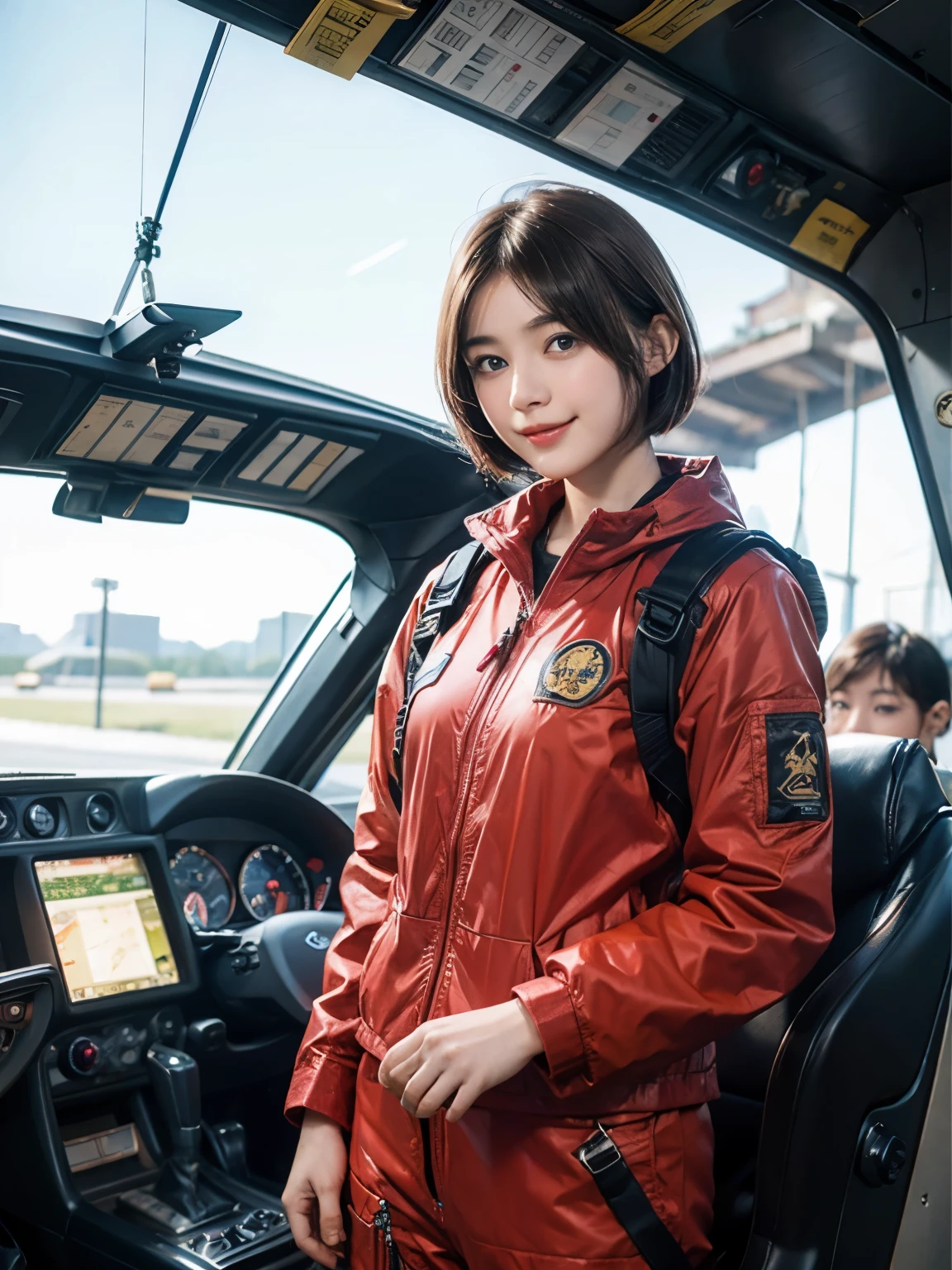 164
Shorthair,  (a 20 yo woman, standing), A hyper-realistic, gentle smile, sci-fi cool suit, (口紅),  in the cockpit of an old fashioned fighter aircraft