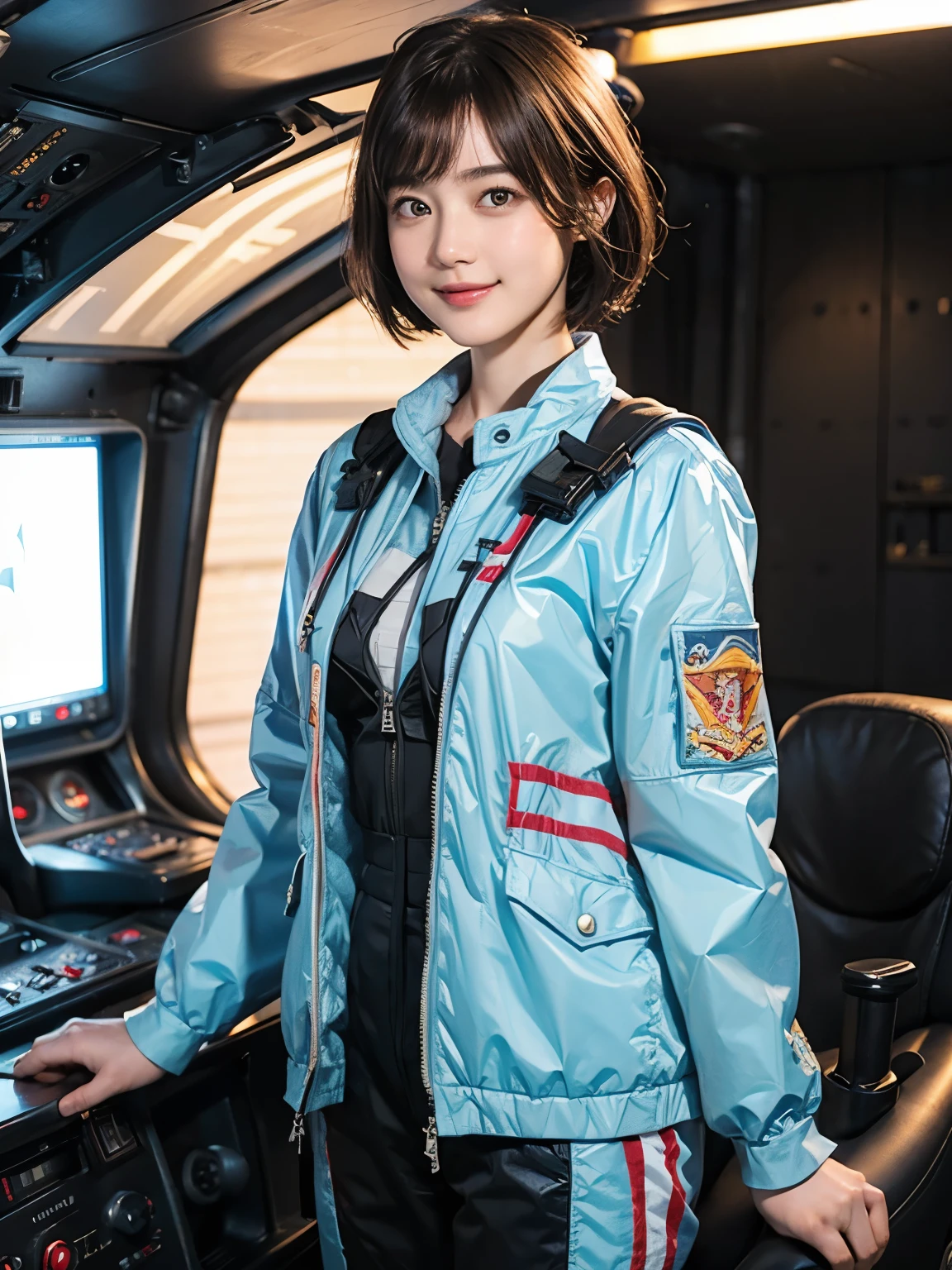 164
Shorthair, (a 20 yo woman, standing), A hyper-realistic, gentle smile, sci-fi cool suit, (口紅), in tha cockpit of an old fashioned fighter aircraft