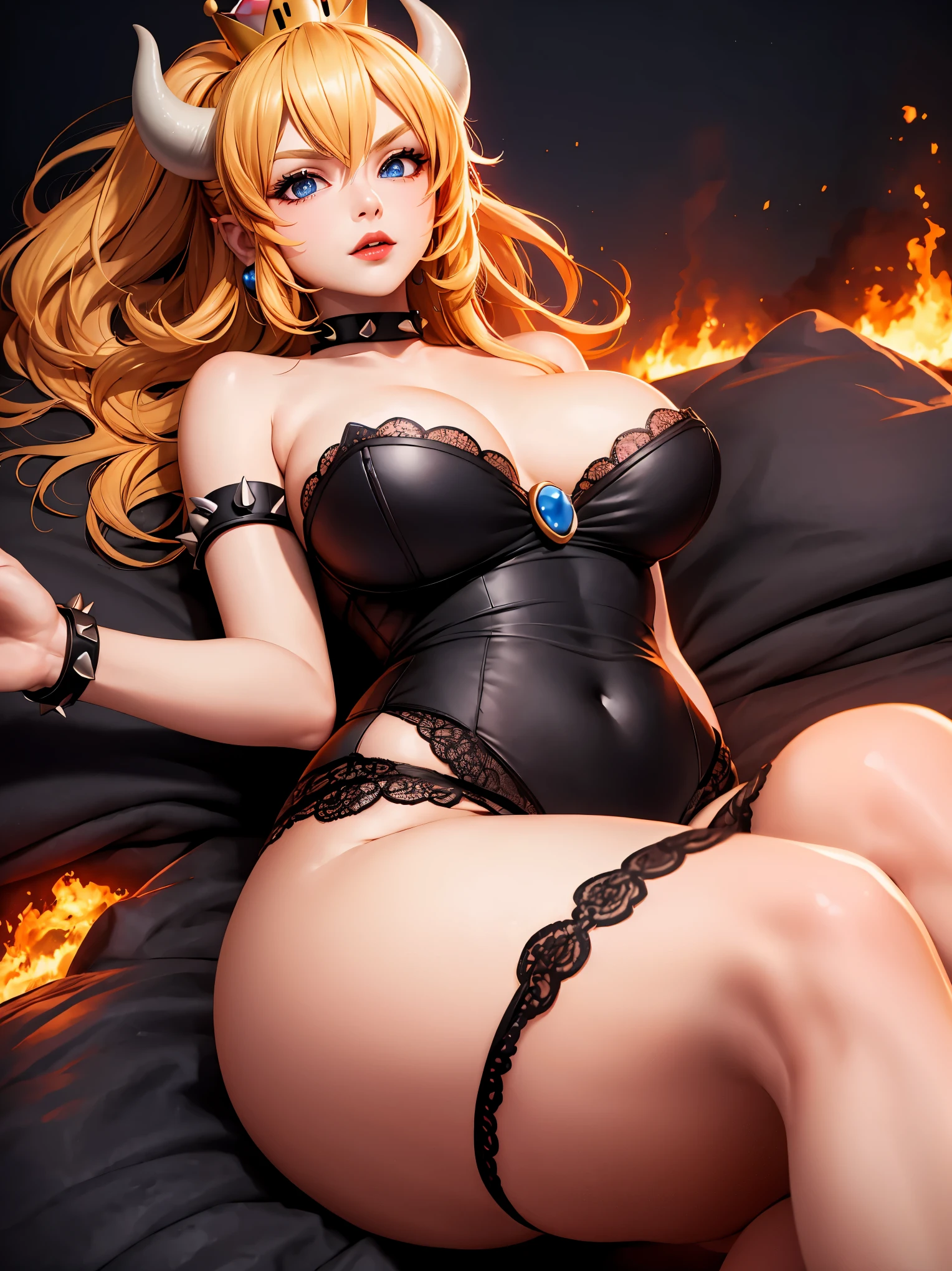 ((high detailed, best quality, 4k, masterpiece, hd:1.3)), ((best quality)), (((HD))), (((8k))), (ultraDH), (ultra HD), Princess Daisy, blue eyes, BREAK blue eyes, seductive, attractive, smooth anime cg art, 36C breasts, long legs, vivid colors, detailed digital art, slim body, perfect skin, dark blonde hair, long hair, blonde hair, blonde hair, BREAK crown, cleavage, 36C cleavage, looking at viewer, BREAK looking at viewer, extremely detailed face, red santa suit, red santa claus suit, santa claus suit, earrings, gem, dark black makeup lips, dark gothic eyeshadows, dark eyeshadows, black eyeshadows, black sexy lips, black lips, (dark:1.2), dark lips, very dark lips, (perfect hands, perfect anatomy), black makeup, black medium lips, black thick lips, detailed fingers, five fingers per hand, 5 fingers, (1 girl), detailed lips, detailed black lips, black painted lips, gothic painted lips, BREAK night, night sky, (breast focus), (arms outstreched:1.2), (from above:1.1), (breasts out:1.3), (off shoulder:1.1), (white horns), (bra), inside a lava castle, she inside a sea of lava, she bathing in lava,