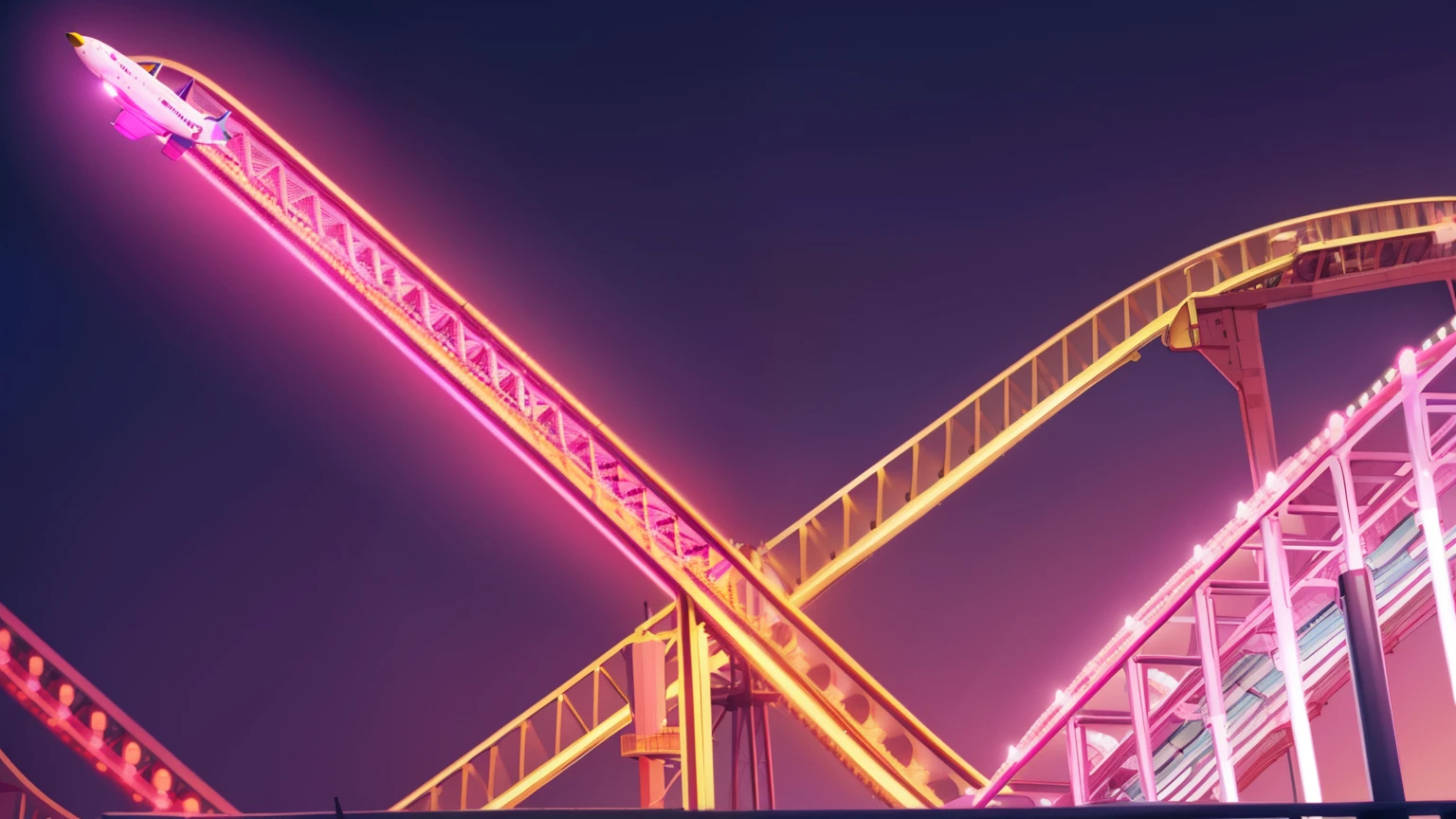 (very pink night sky), (amusement park), (Airplane themed roller coaster)