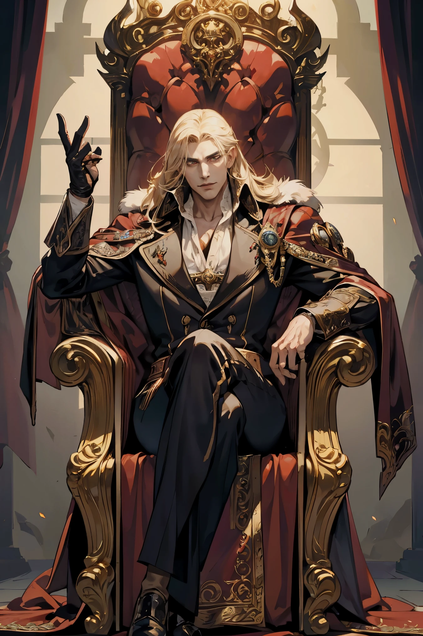 Castlevania Shadow Lord Handsome Lord Muscular Dracula Chatting in Throne Room with Male Advisors Around Him Surreal Ultra Detailed Dynamic Poses Ultra Detailed Faces Surreal Ultra Detailed Scene Epic Legend Perspective Environment