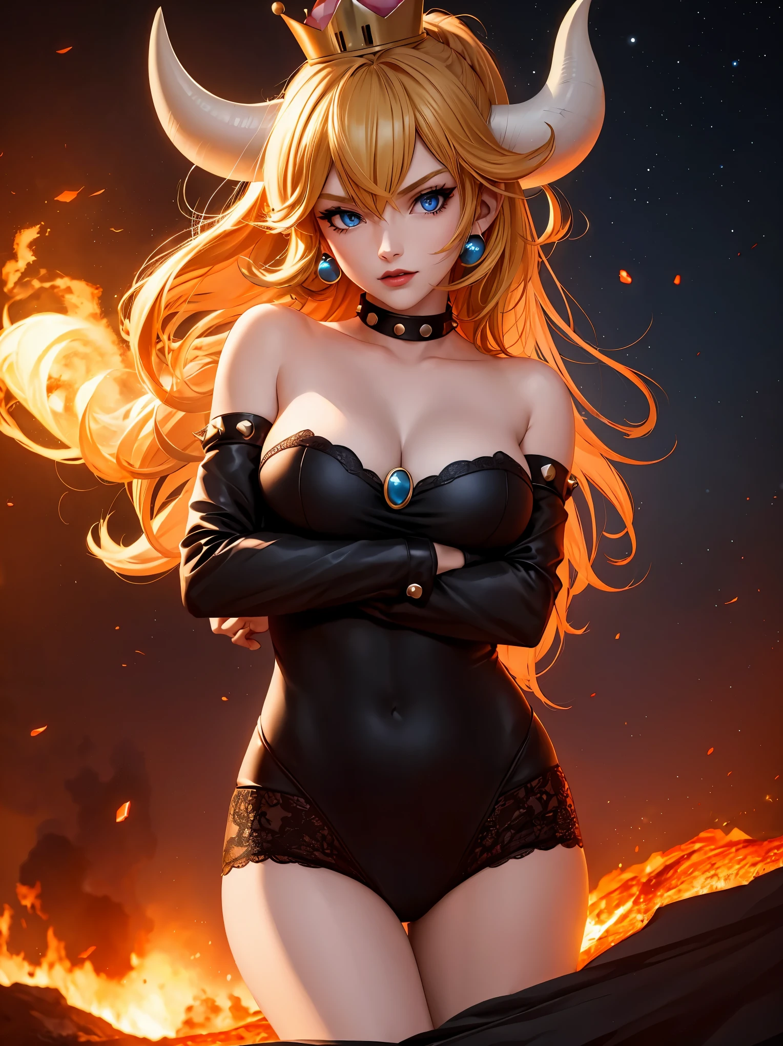 ((high detailed, best quality, 4k, masterpiece, hd:1.3)), ((best quality)), (((HD))), (((8k))), (ultraDH), (ultra HD), Princess Daisy, blue eyes, BREAK blue eyes, seductive, attractive, smooth anime cg art, 36C breasts, long legs, vivid colors, detailed digital art, slim body, perfect skin, dark blonde hair, long hair, blonde hair, blonde hair, BREAK crown, cleavage, 36C cleavage, looking at viewer, BREAK looking at viewer, extremely detailed face, red santa suit, red santa claus suit, santa claus suit, earrings, gem, dark black makeup lips, dark gothic eyeshadows, dark eyeshadows, black eyeshadows, black sexy lips, black lips, (dark:1.2), dark lips, very dark lips, (perfect hands, perfect anatomy), black makeup, black medium lips, black thick lips, detailed fingers, five fingers per hand, 5 fingers, (1 girl), detailed lips, detailed black lips, black painted lips, gothic painted lips, BREAK night, night sky, (breast focus), (arms outstreched:1.2), (from above:1.1), (breasts out:1.3), (off shoulder:1.1), (white horns), (bra), inside a lava castle, she inside a sea of lava, she bathing in lava,