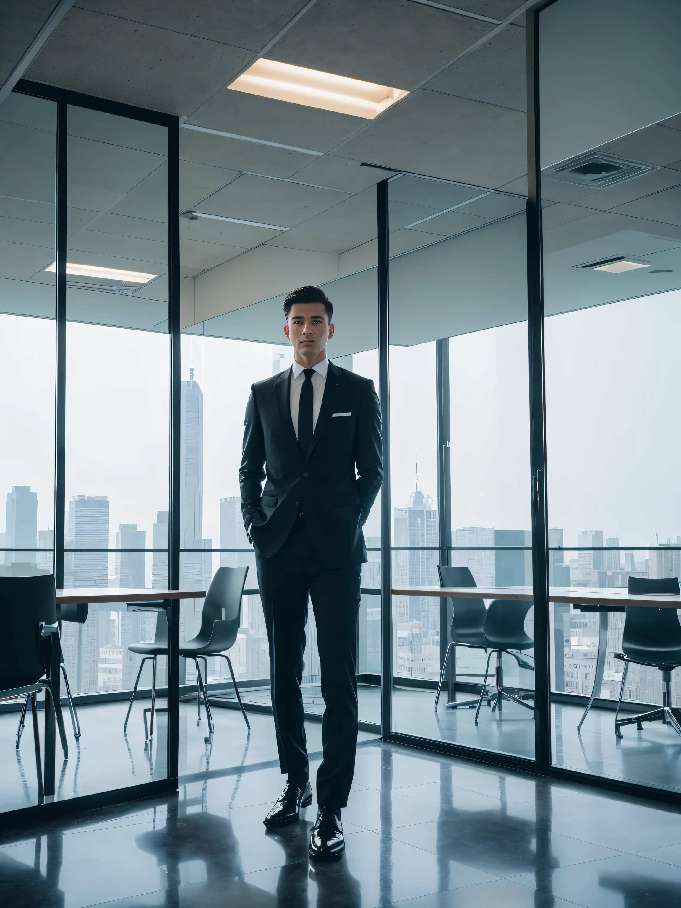 (best quality,4k,8k,high res,masterpiece:1.2),ultra-detailed,(realistic, photorealistic,photo-realistic:1.37),a guy, body shot, dressing like an office person, stylish short hair, clean-shaven face, well-groomed appearance, wearing, crisp white dress shirt, matching black tie,shiny polished black leather shoes with square toes, vertical composition,against a modern office backdrop,floor-to-ceiling glass windows with a panoramic city view,soft natural lighting illuminating the scene,neutral color palette with hints of blue and gray,creating a modern and professional atmosphere.