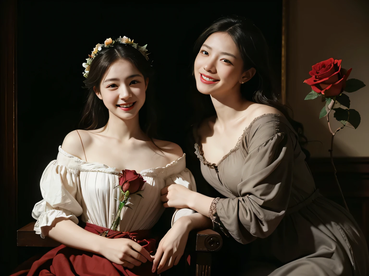 full body portrait ,flower,rose,antique,laughter,,sweet and enchanting appearance.、caravaggio painting、caravaggio'chiaroscuro,Two women having fun,cute smile, expression of ecstasy