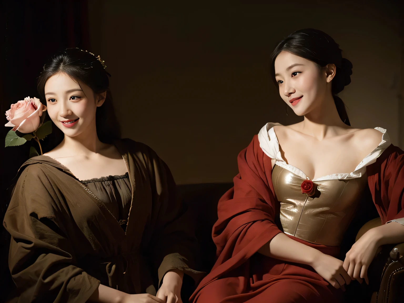 full body portrait ,flower,rose,antique,laughter,,sweet and enchanting appearance.、caravaggio painting、caravaggio&#39;chiaroscuro,Two women having fun,cute smile, expression of ecstasy