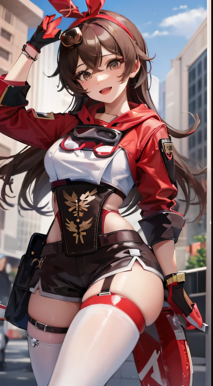 amber,fleshy thighs，poster public relations style，Pause，Cimetal，C cup，happy expression