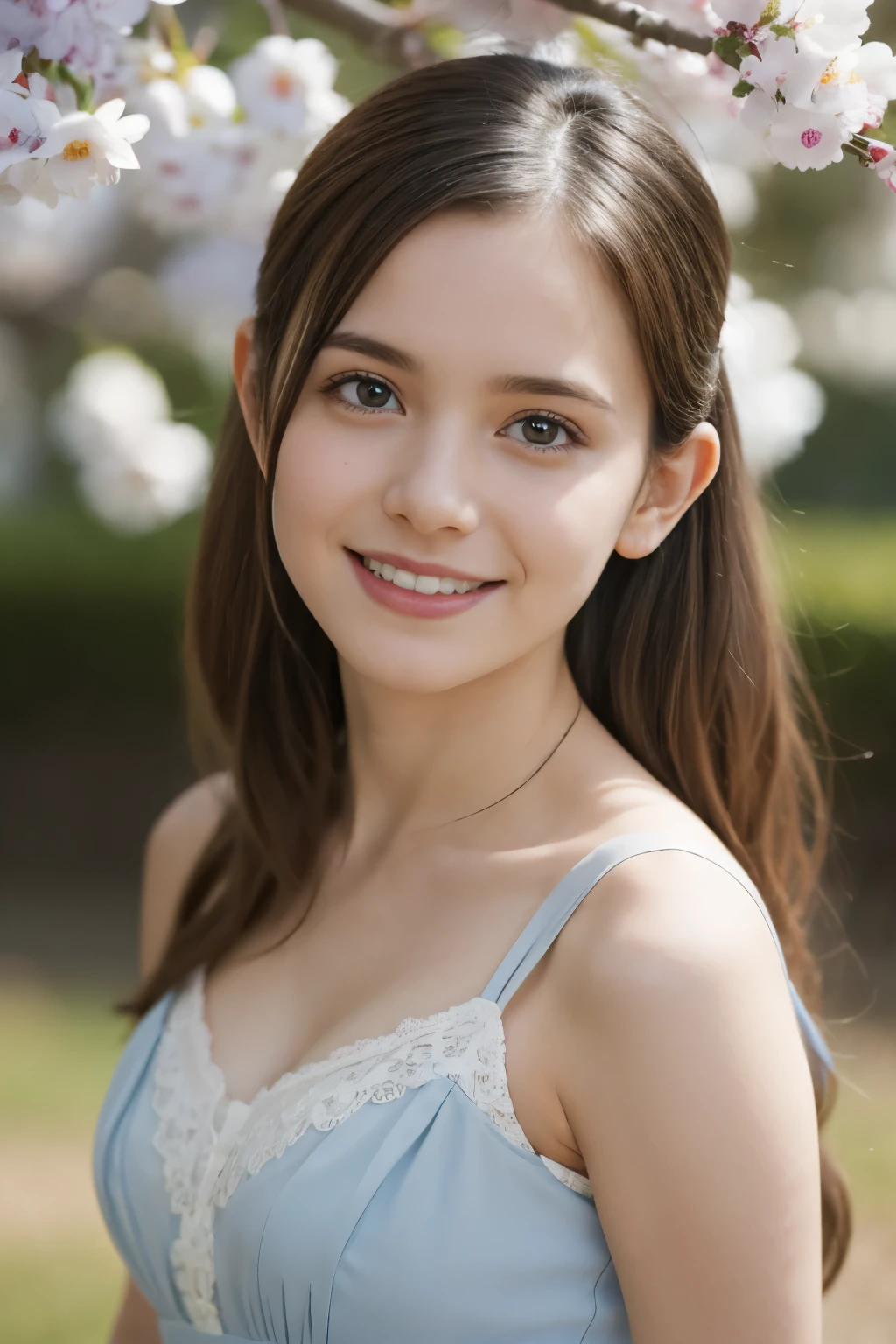 Masterpiece, Best quality, 8k, 18 ans, Photo brute, absurdes, Award-winning portrait, sourire, sourire, pure, french, elegant light blue dress, spring, , orchard in bloom, laces, famous singer