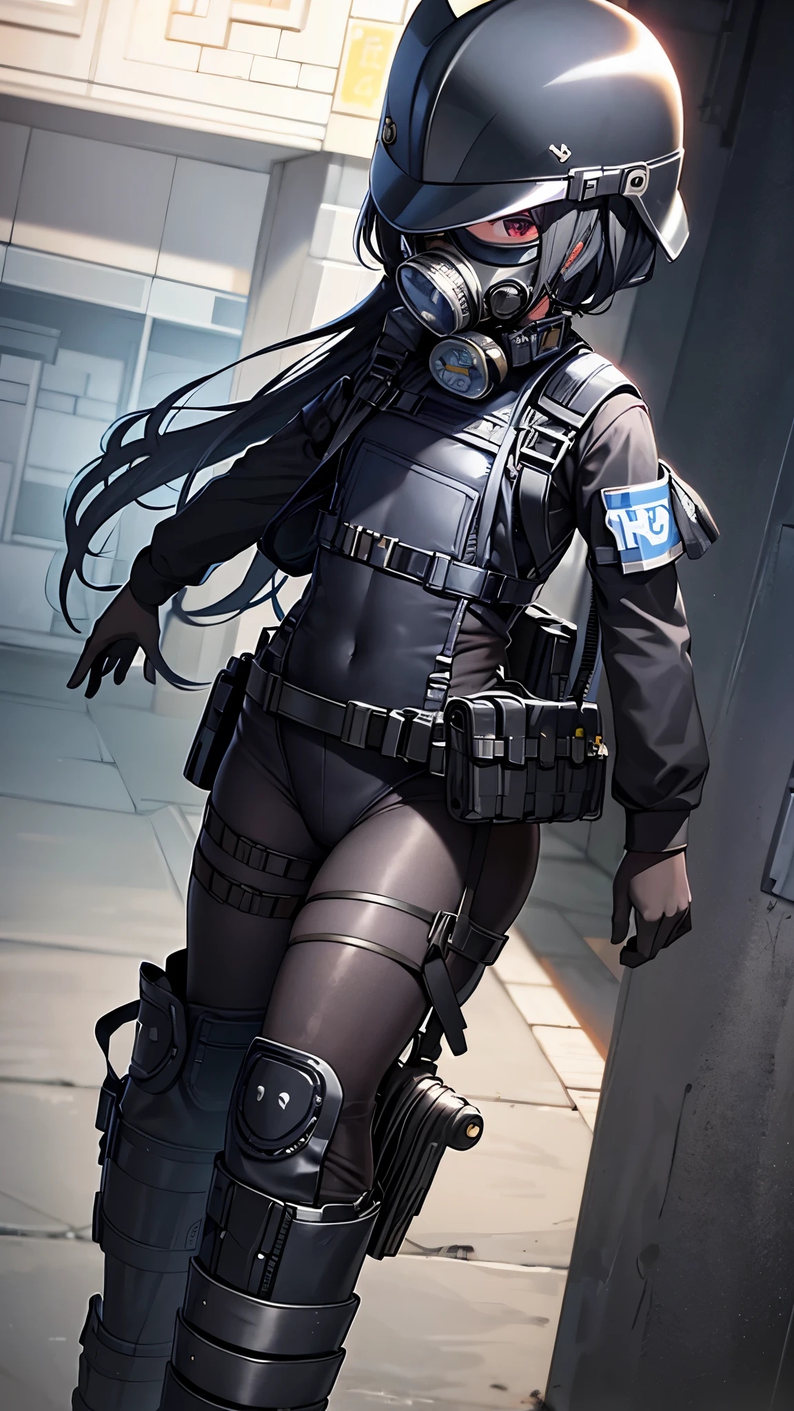 masterpiece, highest quality, super detailed、1 girl、police officer、長いblack髪、Helmet、face covered with mask、narrow eyes、flat chest、black body suit、whole body、black pantyhose、whole body、standing、black boots、belt Large buckle、holster、High leg、bulletproof vest、軍用Helmet black、フルフェイスgas mask、goggles、gas mask、