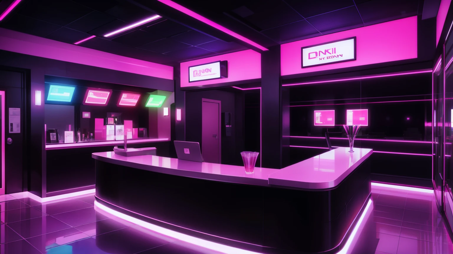 (Reception of a nightclub), a receptionist serving, (pink neons)