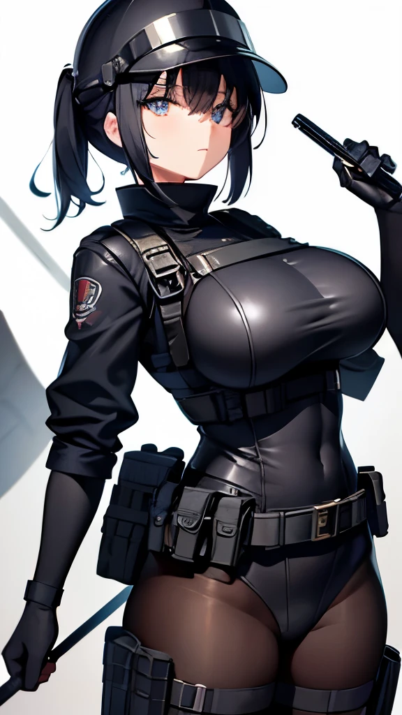 masterpiece, highest quality, super detailed、1 girl、police officer、長いblack髪、Helmet、face covered with mask、narrow eyes、big breasts、black body suit、whole body、black pantyhose、whole body、standing、black boots、belt Large buckle、holster、High leg、bulletproof vest、軍用Helmet black、フルフェイスgas mask、goggles、gas mask、holding a Japanese sword