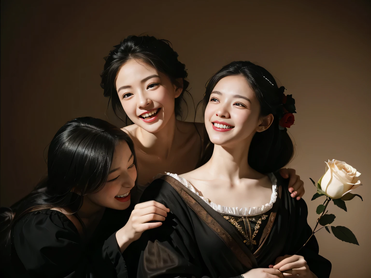 full body portrait ,flower,rose,antique,laughter,,sweet and enchanting appearance.、caravaggio painting、caravaggio'chiaroscuro,Two women having fun,cute smile, expression of ecstasy