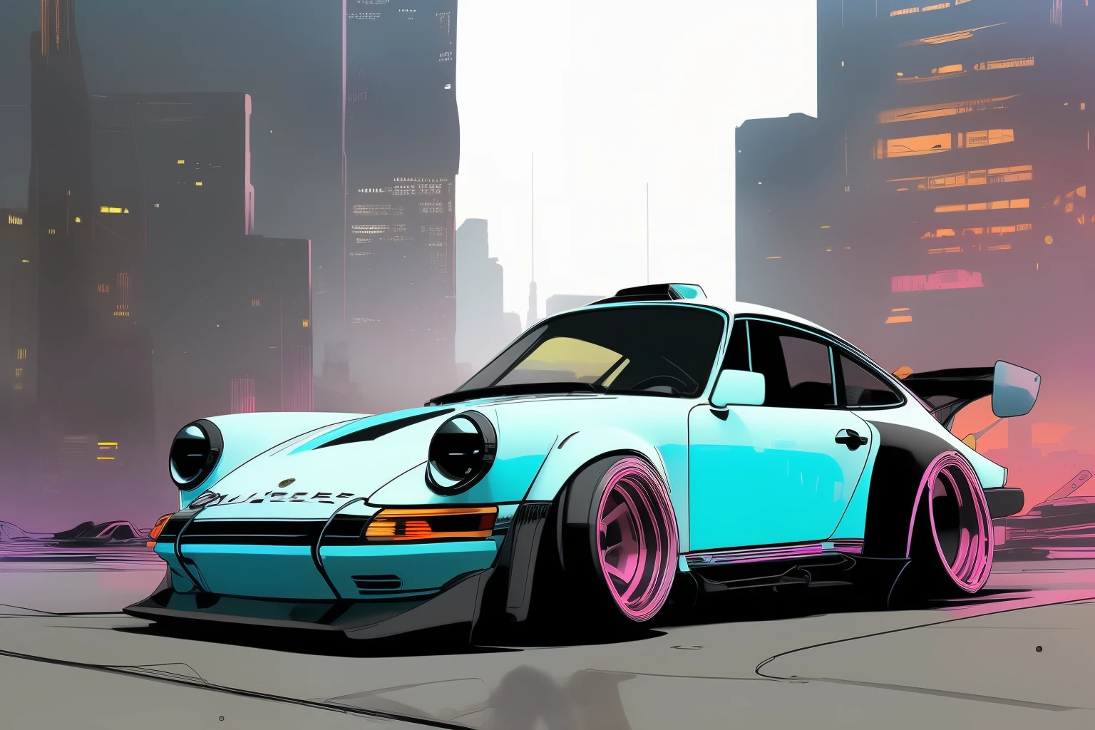 nvinkpunk, painting of a city with a baby blue  Porsche 911 rwb rotting,wide bodykit, high quality,