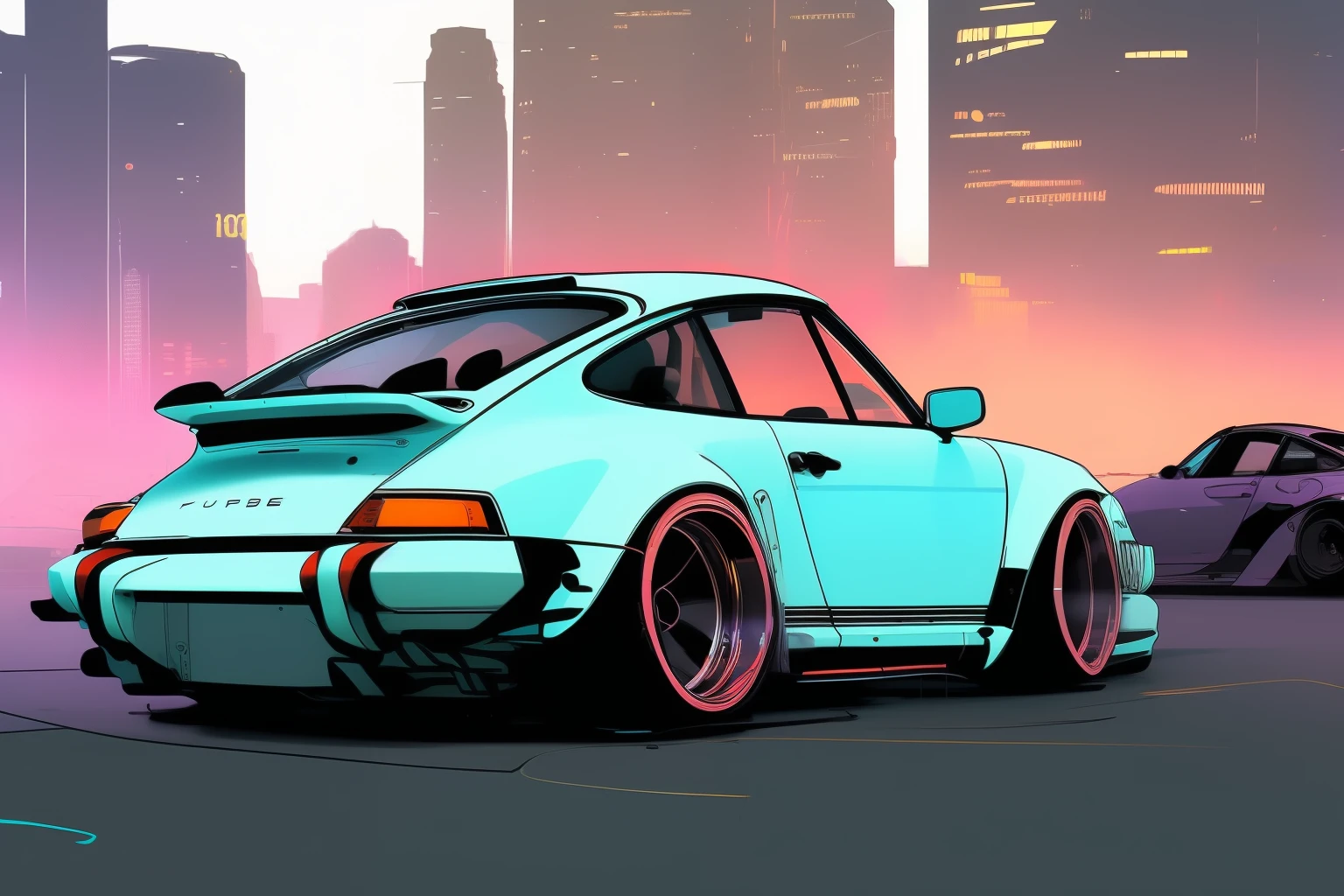 nvinkpunk, painting of a city with a baby blue  Porsche 911 rwb rotting,wide bodykit, high quality,