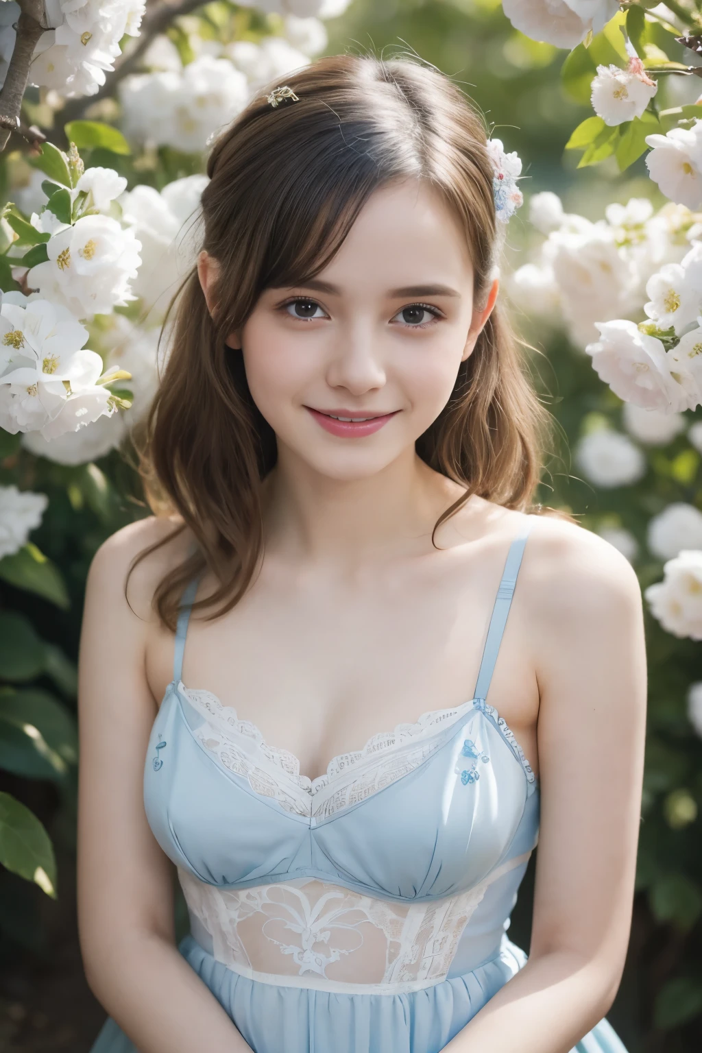 Masterpiece, Best quality, 8k, 18 ans, Photo brute, absurdes, Award-winning portrait, sourire, sourire, pure, french, elegant light blue dress, spring, , orchard in bloom, laces, famous singer, lingerie