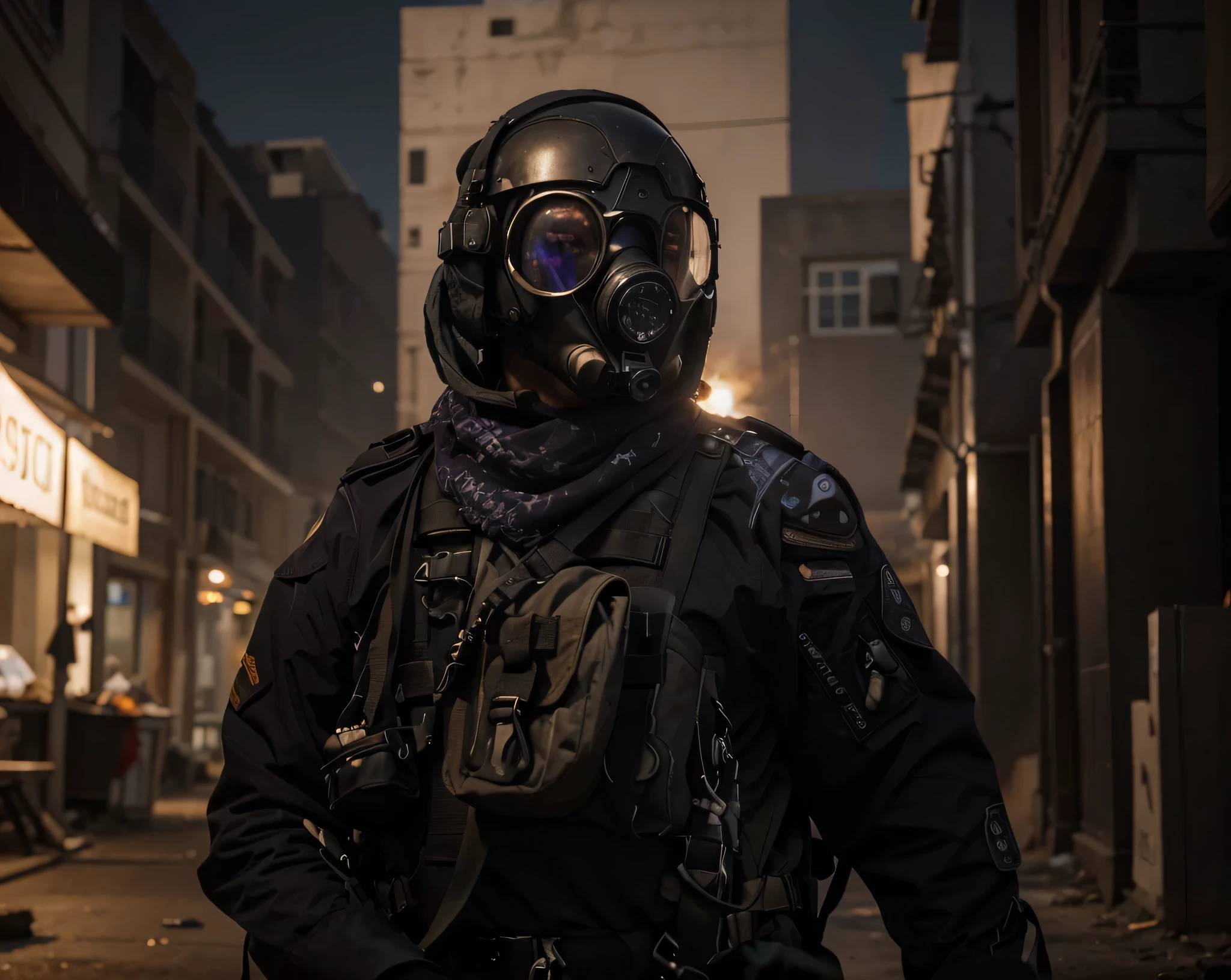 soldado masculino, with round visors with purple crystal and tactical latex gas mask that covers the entire head, audifonos militares, mochila militar, mono color purpura claro, En su pecho, arneses y cinturones con municiones, Tubos y cables, It is in a gloomy modern city completely destroyed.., big explosion of scarlet smoke, 4k, imagen ultra detallada, realista, muy detallada, perfect composition, preciosa, intrincadamente detallada, incredibly detailed, 8k art photography, hiper, Obra maestra, ultra detallada, hyper realista, 4k, imagen ultra detallada, realista, muy detallada, perfect composition, hermoso, intrincadamente detallado, incredibly detailed, 8k art photography, hiper detallada, Obra maestra