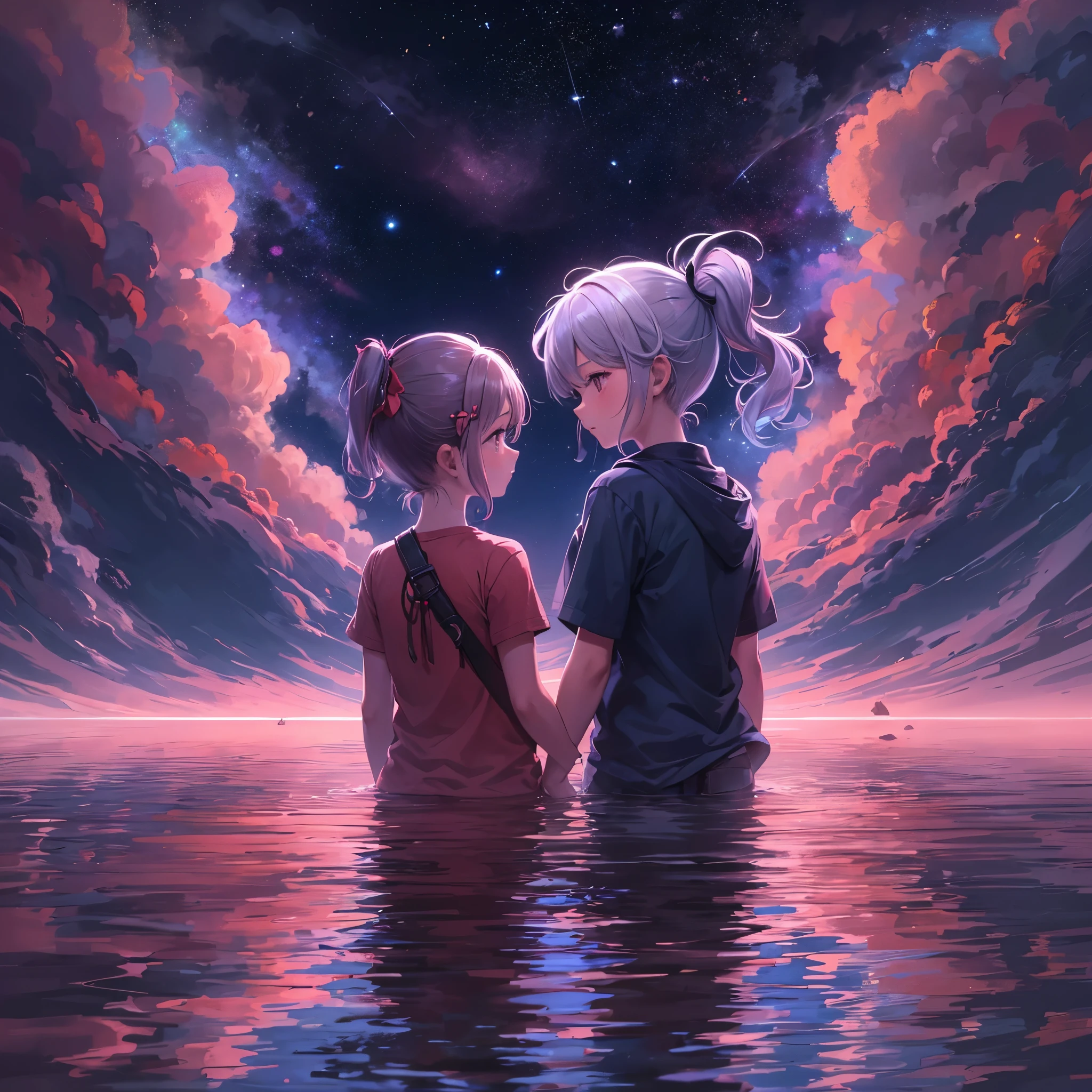 Two children mourn in a bloodpink lake. One was a boy with silver short hair. One is a girl with ponytail green hair. The background is a majestic galaxy, break, perfect anatomy, masterpiece:1.2, best quality, 8k, beautiful detailed grow, daydreaming expression