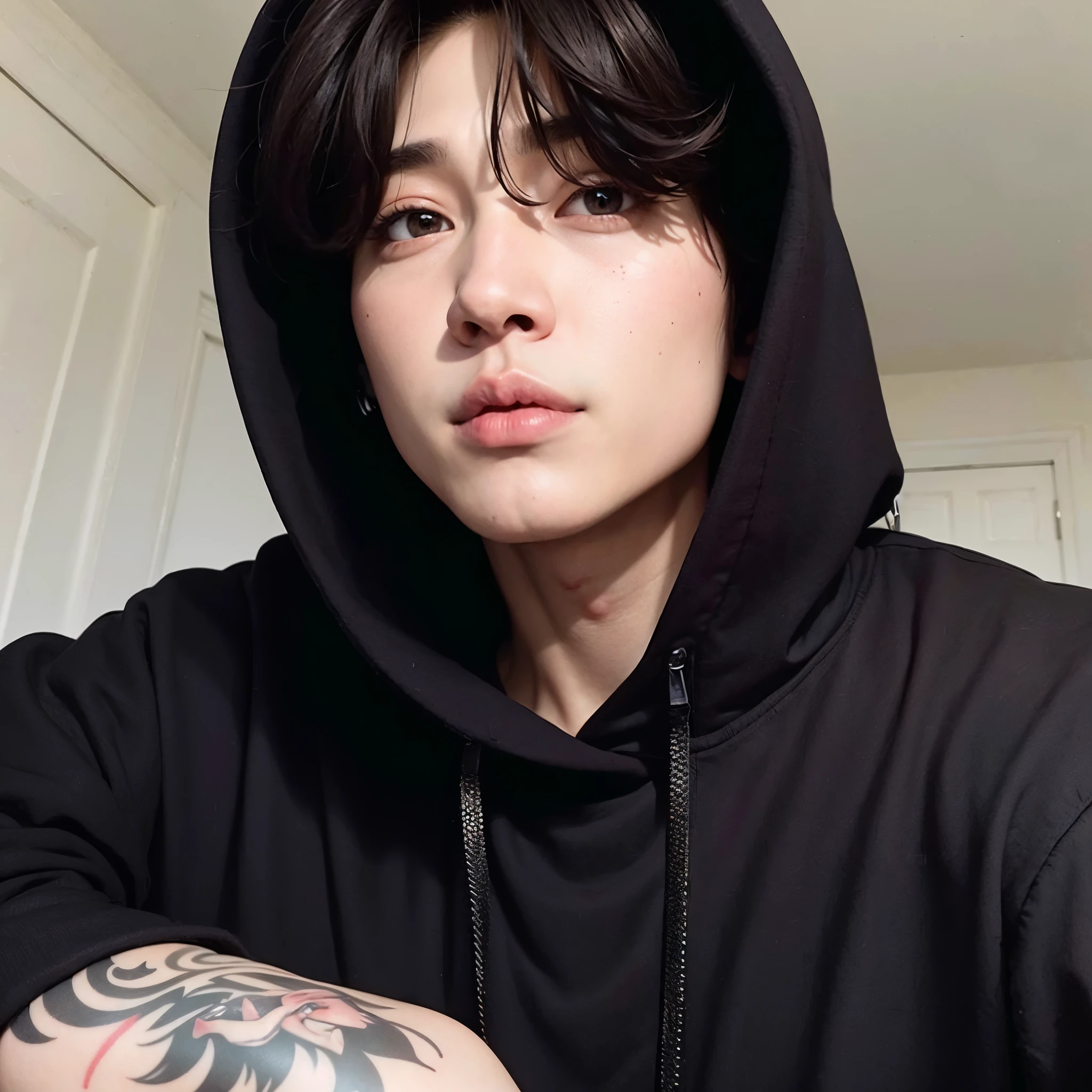 sharp man with black hood and a tattoo on his arm, Jungkook, Ulzzang masculino, Jung Jaehyun, em um moletom preto, homem sul-coreano, vestindo um moletom preto, Jinyoung Shin, taejune kim, adorable and pale korean face, hyung tae, profile picture with headshot, inspirado em jeonseok lee, em um moletom, rosto preciso do Jimin