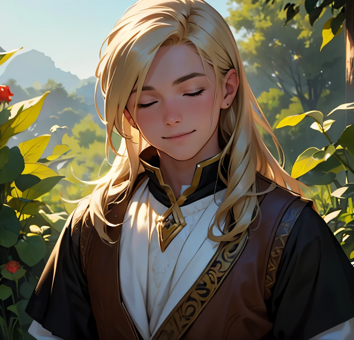 (a boy,ultra-detailed,realistic:1.37,masterpiece:1.2), young, masculine Caucasian, medium length light blonde hair, smile, (eight years old:1.7), medieval prince outfit, green background, soft sunlight, oil painting texture, closed eyes.