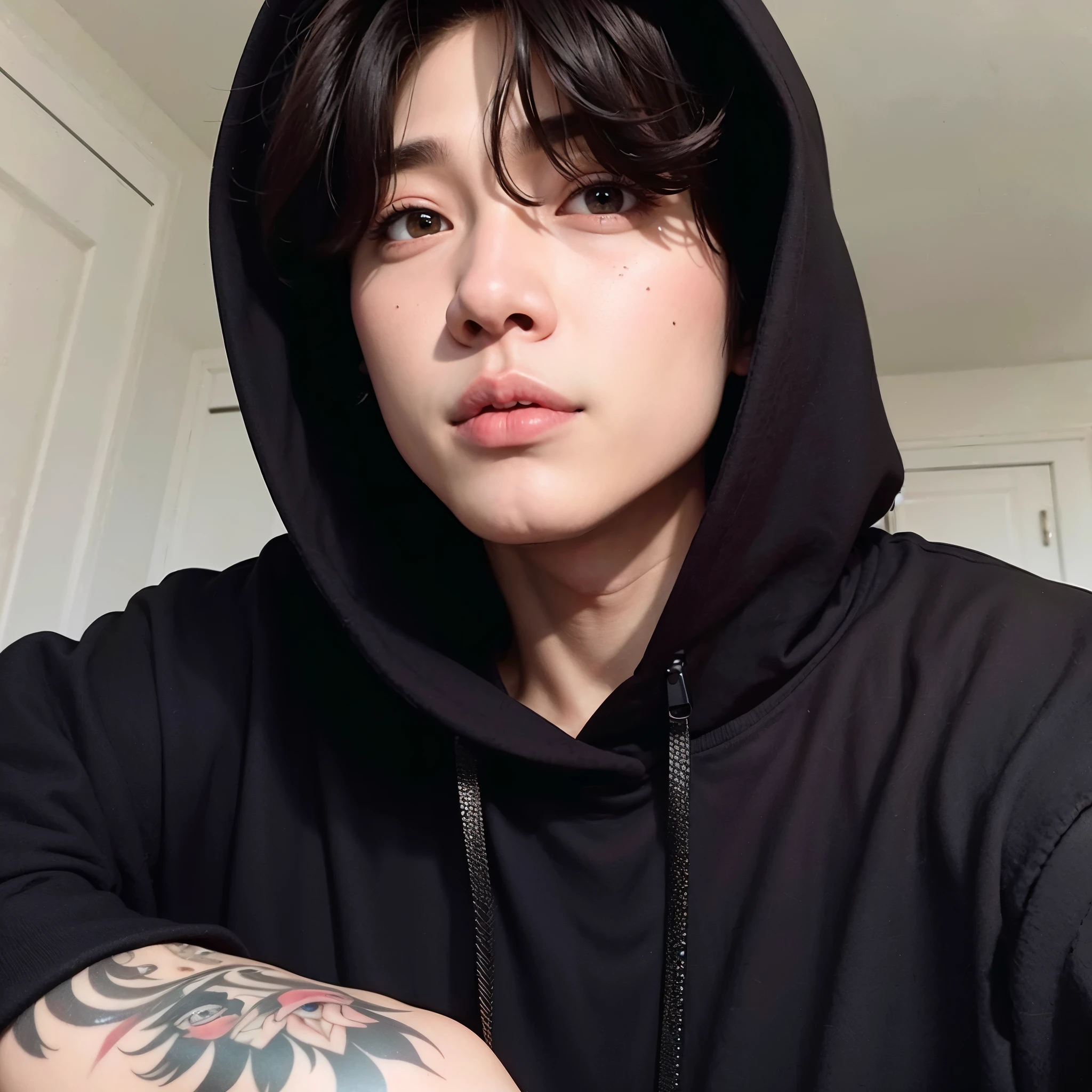 sharp man with black hood and a tattoo on his arm, Jungkook, Ulzzang masculino, Jung Jaehyun, em um moletom preto, homem sul-coreano, vestindo um moletom preto, Jinyoung Shin, taejune kim, adorable and pale korean face, hyung tae, profile picture with headshot, inspirado em jeonseok lee, em um moletom, rosto preciso do Jimin