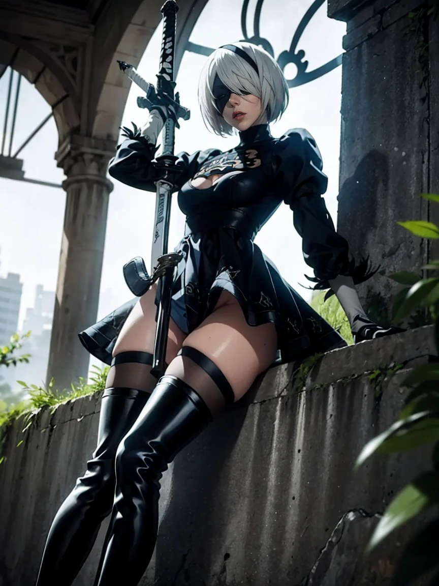 2B, 1girl, solo, short hair, thighhighs,((laying down)), gloves, long sleeves, dress, holding, cleavage, medium breasts, standing, full body, weapon, white hair, hairband, boots, puffy sleeves, sword, black thighhighs, black footwear, holding weapon, mole, black dress, high heels, leotard, clothing cutout, thigh boots, holding sword, cleavage cutout, katana, black hairband, juliet sleeves, high heel boots, blindfold, covered eyes, black blindfold, feather-trimmed sleeves, masterpiece, 