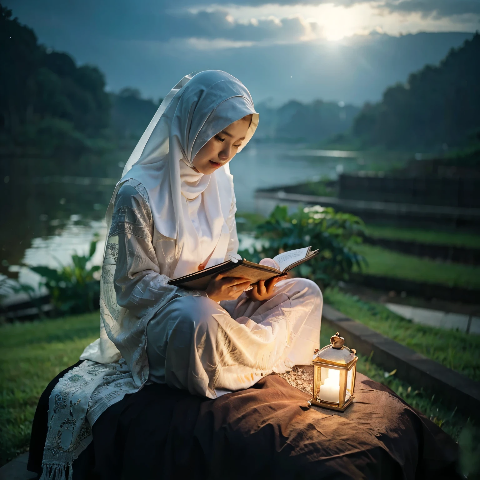 Buat gambar potret fotografi epic, seorang perempuan muslim indonesia cantik sedang baca Al-Qur'an. Dia memakai mukena putih., duduk bersila dalam ruangan gelap. Potret gambar di foto dari jauh. Diterangi sebuah lilin tepat di atas meja dengan cahaya remang-remang.