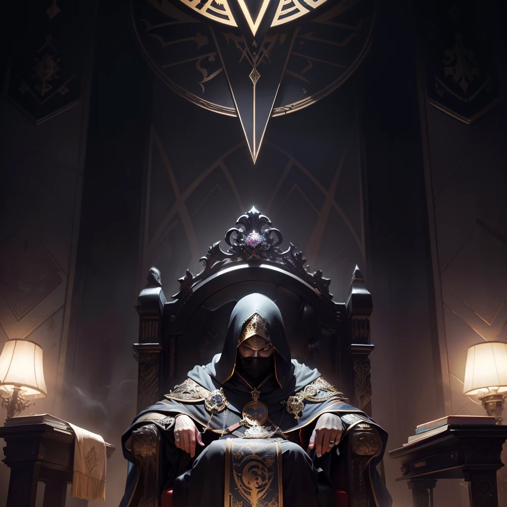 Logo, (masterpiece, top quality, best quality, extreme detailed),colorful,highest detailed,secret society behind the throne, hooded people, shadow, masked king, silhouettes, secret power, hands from the shadows, secret control, shadows of people above the throne, (logo:1.3), (Eminence Grise:1.3), darkness, full hd