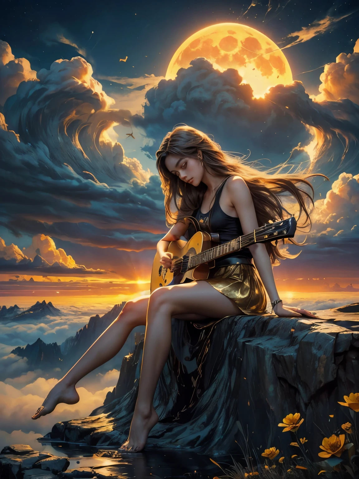 abstract painting art, 8k poster, full body, golden flowers, beautiful girl sitting on the edge of the cliff observing the distant horizon, golden eyes, garden, golden eyes, long hair blown by the wind, front view of female body, bronze hair metallic, red cloud sunset, night light, depth of valley seen from above with a lake and distant mountains, abstract oil painting, a girl well focused on the scene, (((girl plays guitar))), overexposure, overexposure art, surreal art, fantasy, abstract art of a woman in a mountain landscape, 8k poster, full body, gold and silver flowers, evening light, (((girl plays guitar))), (((giant full moon next to the sun, ))), (((musical signs in the clouds))), ((((long hair loose in the air, abstract hair molded into musical symbols, musical score thrown into the clouds, surreal art)))), high 8k resolution poster, gold and silver butterflies, ((short dress, tank top)), ((transparent t-shirt)), ((mini skirt)), ((bare feet) )), ((bare feet) )),
