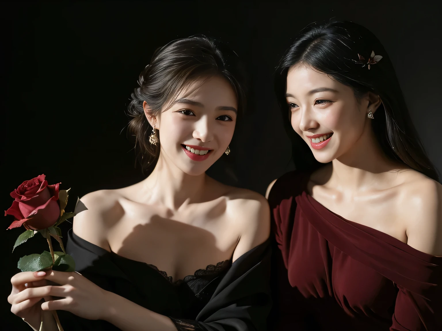 full body portrait ,flower,rose,antique,laughter,,sweet and enchanting appearance.、caravaggio painting、caravaggio'chiaroscuro,Two women having fun,cute smile, expression of ecstasy