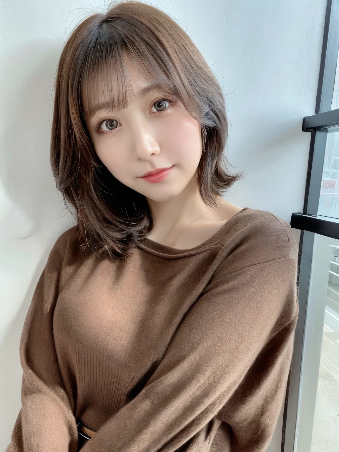 Ulchan-6500-v1.1, (RAW photo:1.2), (Photoreal), beautiful detailed girl, (genuine: 1.4), short hair、long sleeve shirt、Taken in front of a white wall、very detailedな目と顔, beautiful and fine eyes、huge file size, High resolution, very detailed, highest quality, [masterpiece:1.6], enlightenment, very detailed, nffsw, finely, highest quality, 8k wallpaper, 1 girl, 32 years old, perfect body shape, cute droopy eyes beautiful big eyes、 highest quality, eye shadow, Upper body, portrait, ((full body shot:1.2))