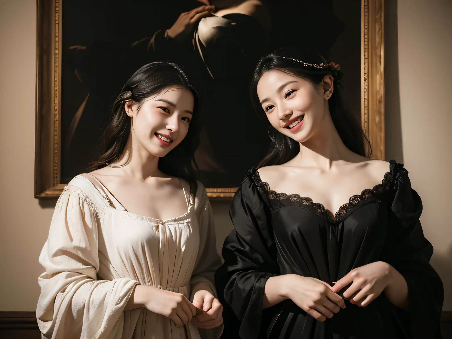 full body portrait ,flower,rose,antique,laughter,,sweet and enchanting appearance.、caravaggio painting、caravaggio&#39;chiaroscuro,Two women having fun,cute smile, expression of ecstasy