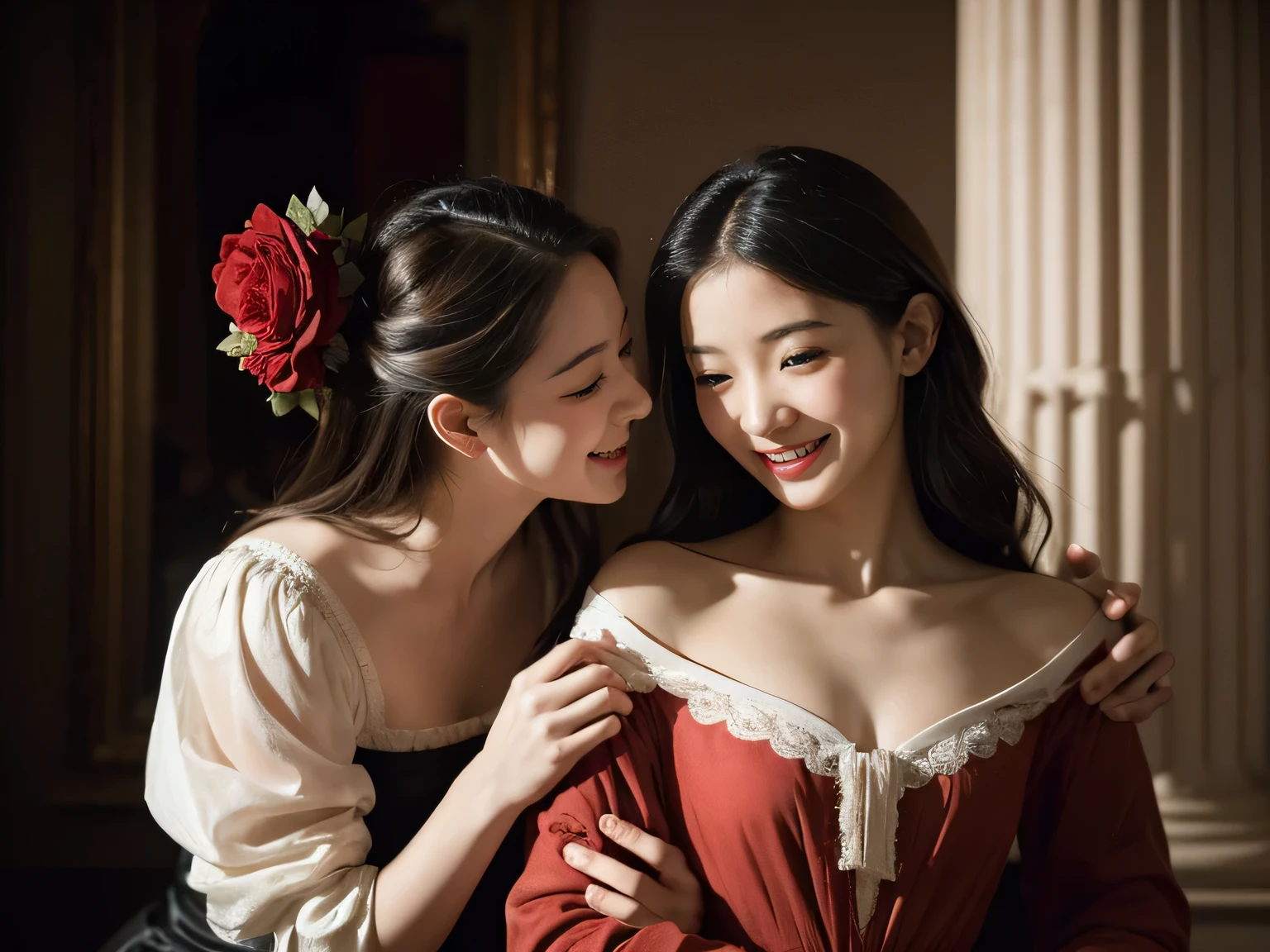 full body portrait ,flower,rose,antique,laughter,,sweet and enchanting appearance.、caravaggio painting、caravaggio'chiaroscuro,Two women having fun,cute smile, expression of ecstasy