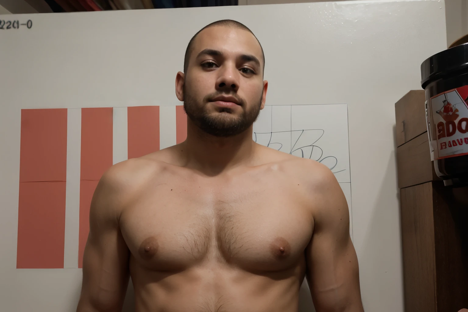 Imagem em desenho 2d na cor preta e fundo cinza de um homem jovem, careca, com barba e um fone de ouvido