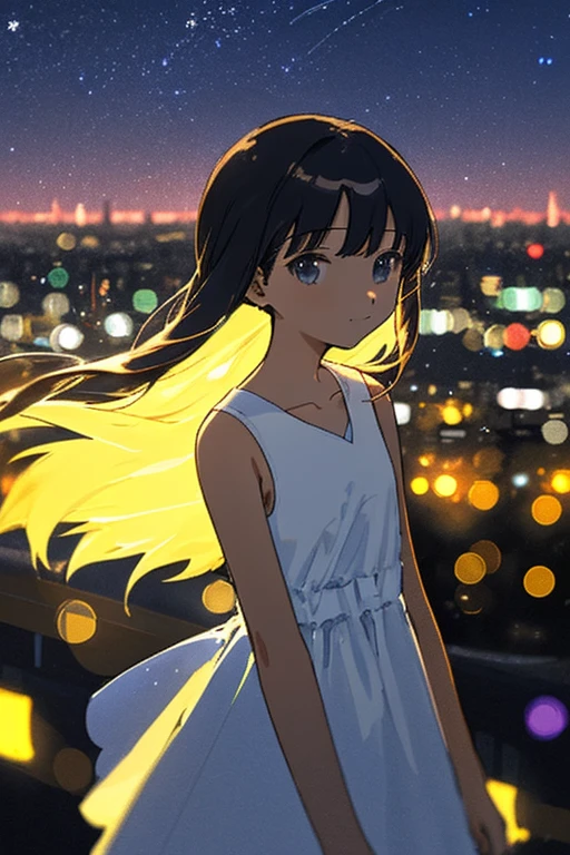 1 👧➕🙂, upper body, Eye's➕🌌, looking at viewer, Fine and straight long hair, The background can be seen between the fine hair, thin line, collarbone, Plain white dress, sleeveless, Simple clothes without decoration, Delicately detailed and delicately drawn, Roughly drawn lines, Roughly painted colors, (🏙️➕🌃:1.2), Bokeh, Blurred Backgrounds, depth of field, Aerial perspective, Roughly simplified and drawn background,