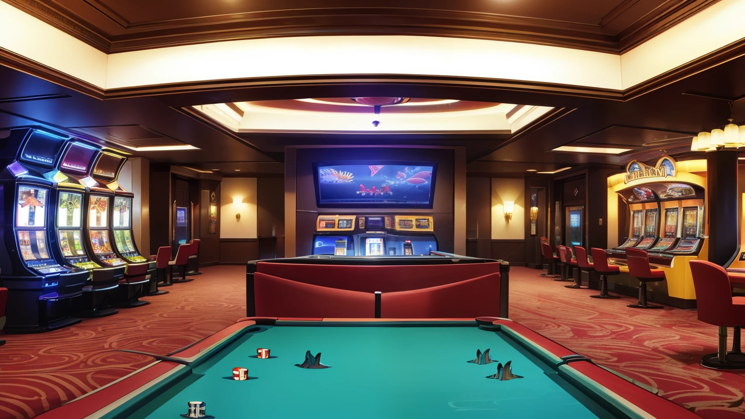 casino, luxurious, well-lit interior, games room, slot machines, (giant aquarium with several fish)