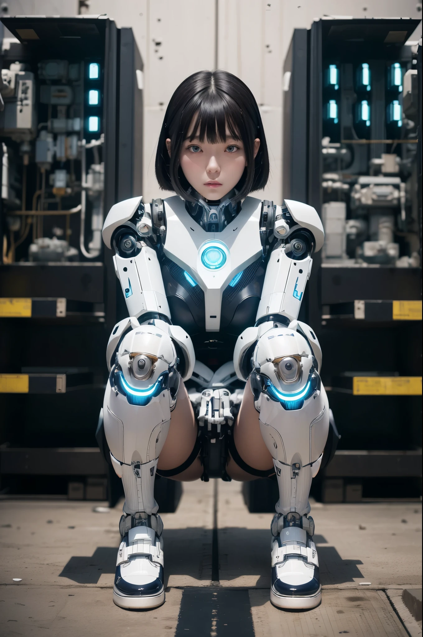 masterpiece, best quality, extremely detailed, Japanese android girl,Plump ,control panels,Squat,Mechanical Hand,Robot arms and legs, white robot body,blunt bangs,skirt,knee high socks,blue eyes