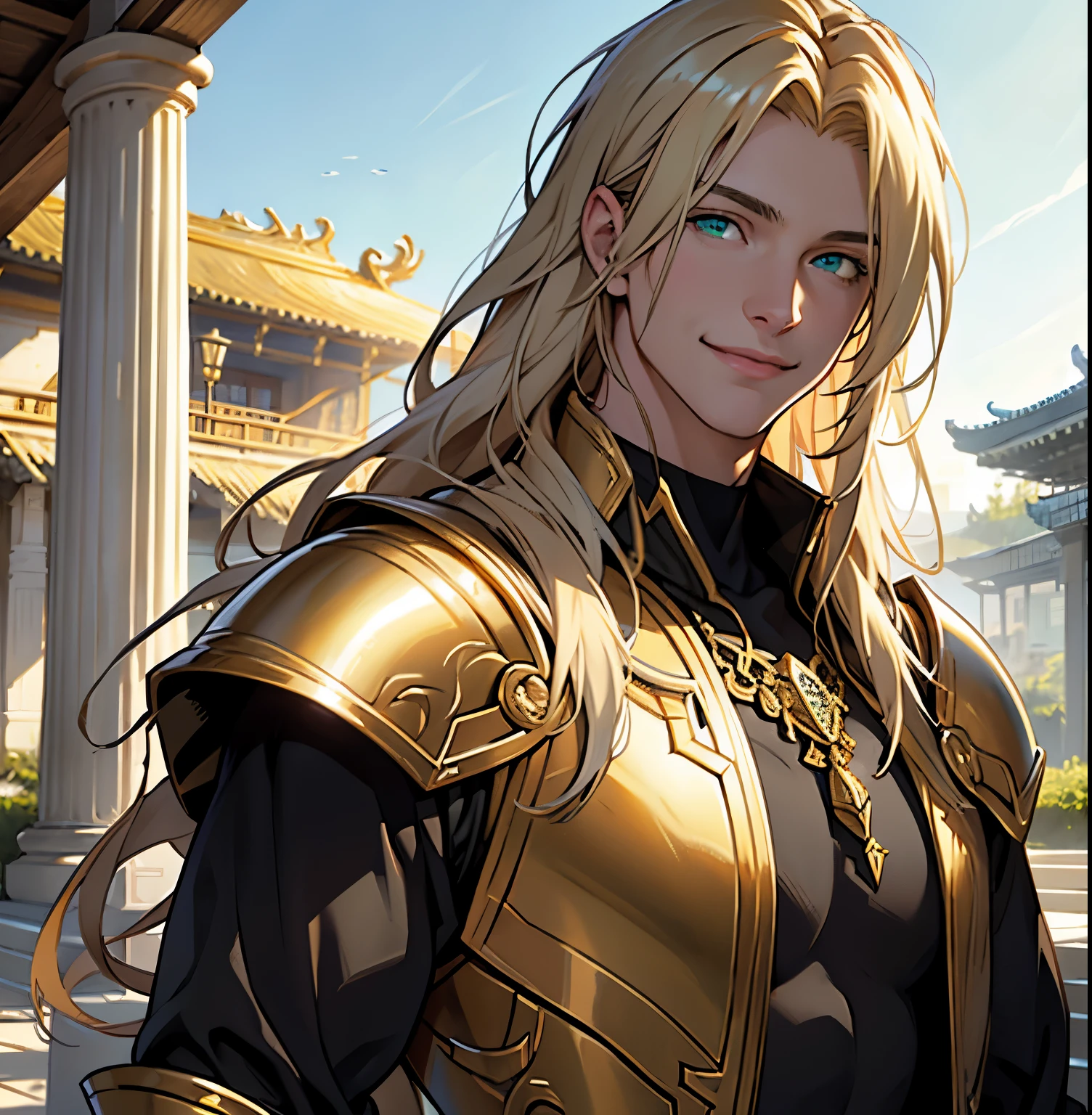 realistic: 1.37, best quality, 4k, 8k, high resolution, masterpiece: 1.2), ultra-detailed, male, a young man with fair skin, very long light blond hair, dressed in golden armor with straight hair. anatomically correct. Green eyes, temple environment, smile on face. age of sixteen.
